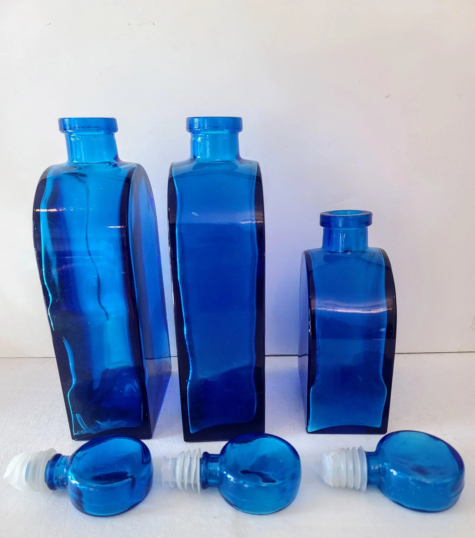 Set of 3 1970s Empoli Inspired Blue Lapis Decanter Bottles With Ball Stoppers - 3