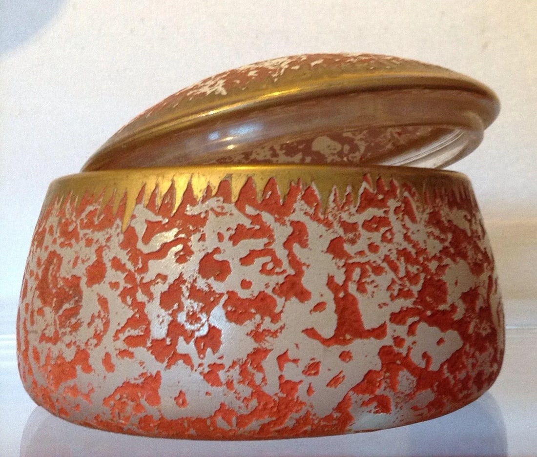 Vintage Orange Gold Lidded Glass Oval Trinket Box - 10