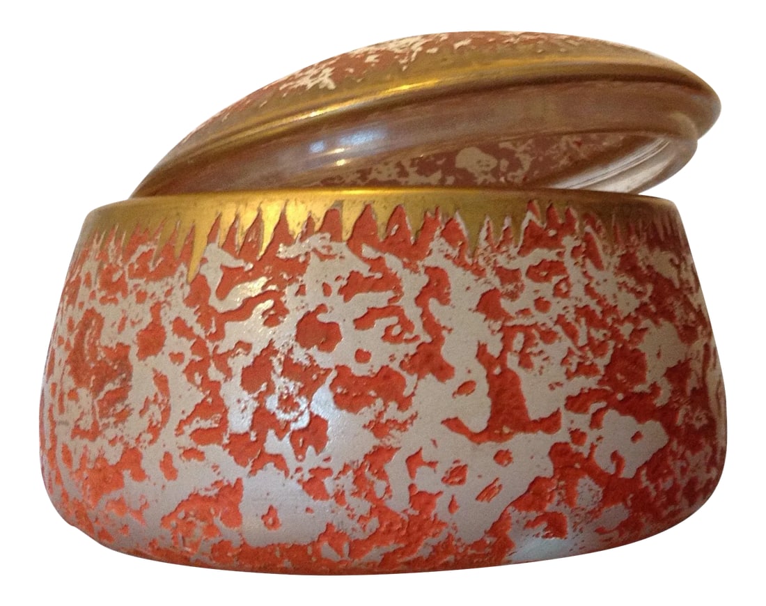 Vintage Orange Gold Lidded Glass Oval Trinket Box: Old beautiful oval glass with lid trinket box. Hand painted with texture of dark orange and gold paint. In very good vintage condition. No breaks or cracks. No issues. Thanks for looking! 3 High 4