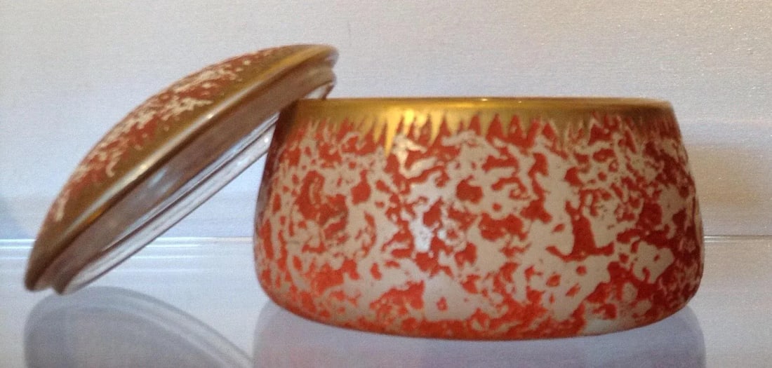 Vintage Orange Gold Lidded Glass Oval Trinket Box - 2