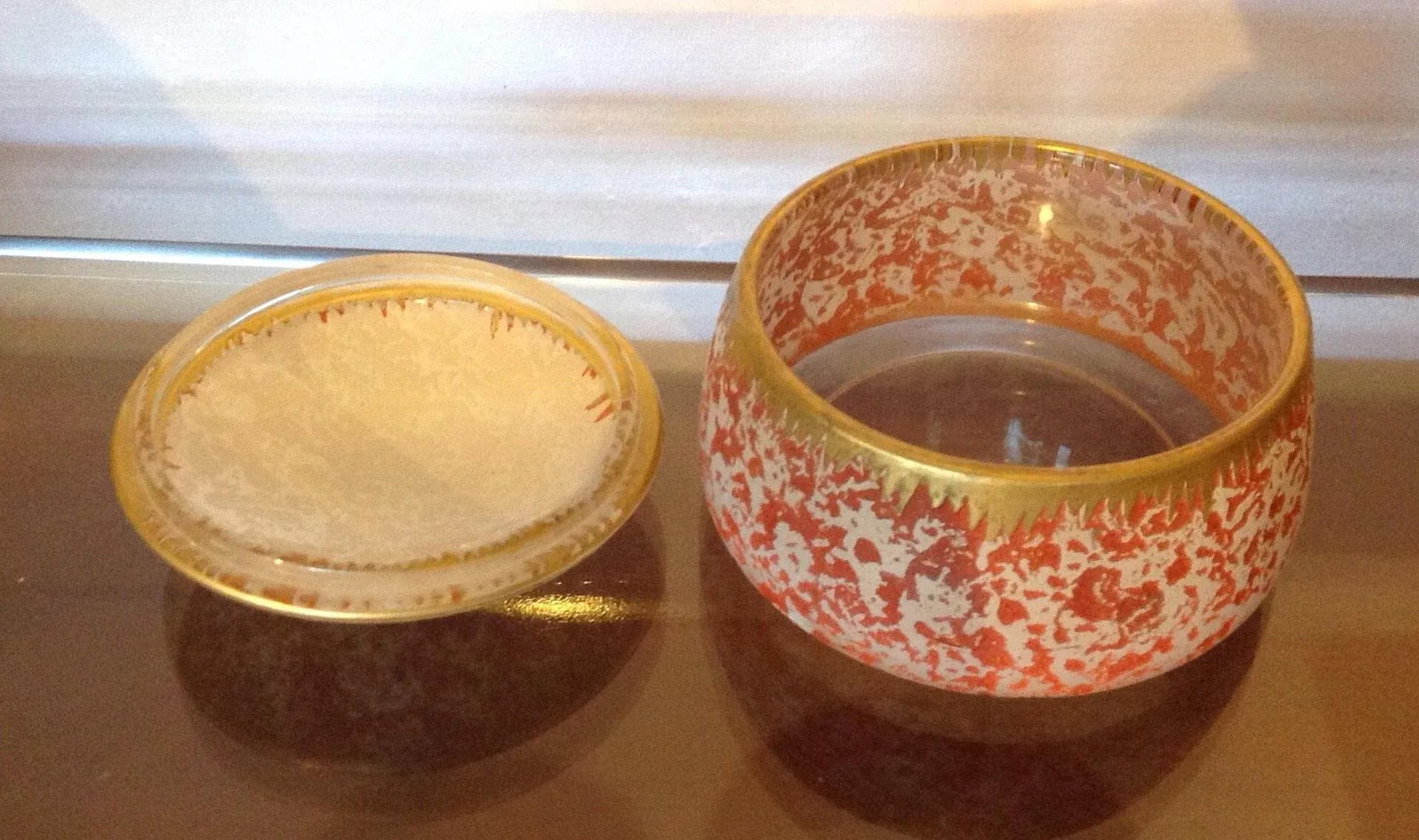 Vintage Orange Gold Lidded Glass Oval Trinket Box - 8