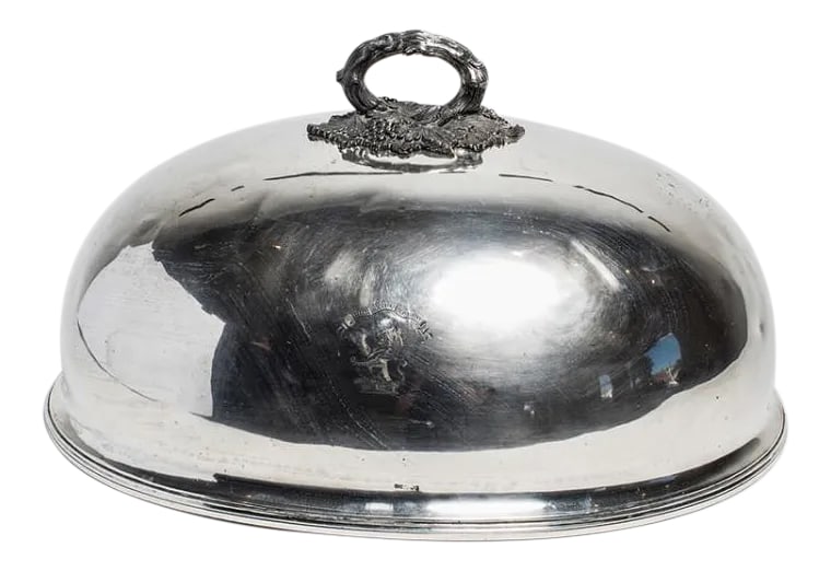 Antique Silver Domed Dish Cover: Elegant silver-plate dome dish cover with ornate handle, made in England in the 19th century. Condition: Alterations: Original Condition Unaltered Imperfections: Some Imperfections Condition Notes: