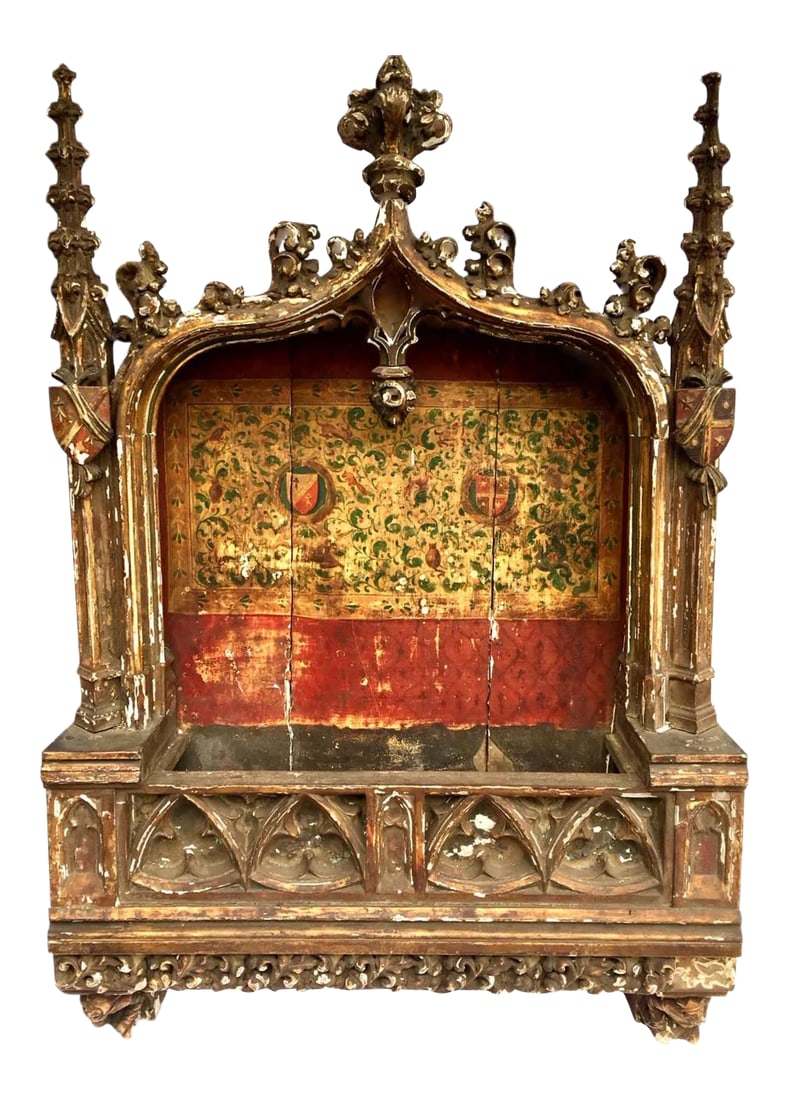 15th Century Antique Gothic Tabernacle: This is an absolutely stunning c.1450 original Medieval masterpiece tabernacle, a liturgical furnishing used to house the Eucharist. It is constructed of hand carved wood and decorated in fine polychr