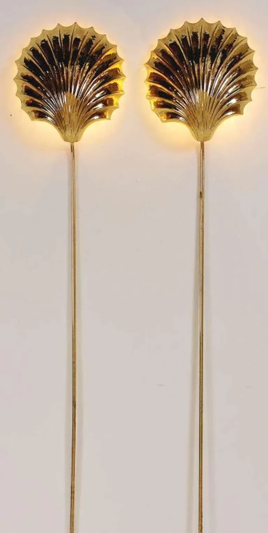 Cast and Hammered Brass Shell Sconces With Cord Covers Cicra 1970s - 2