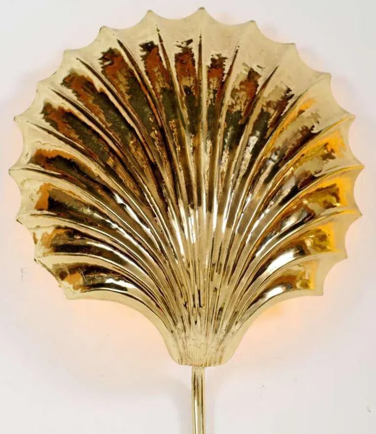 Cast and Hammered Brass Shell Sconces With Cord Covers Cicra 1970s - 3