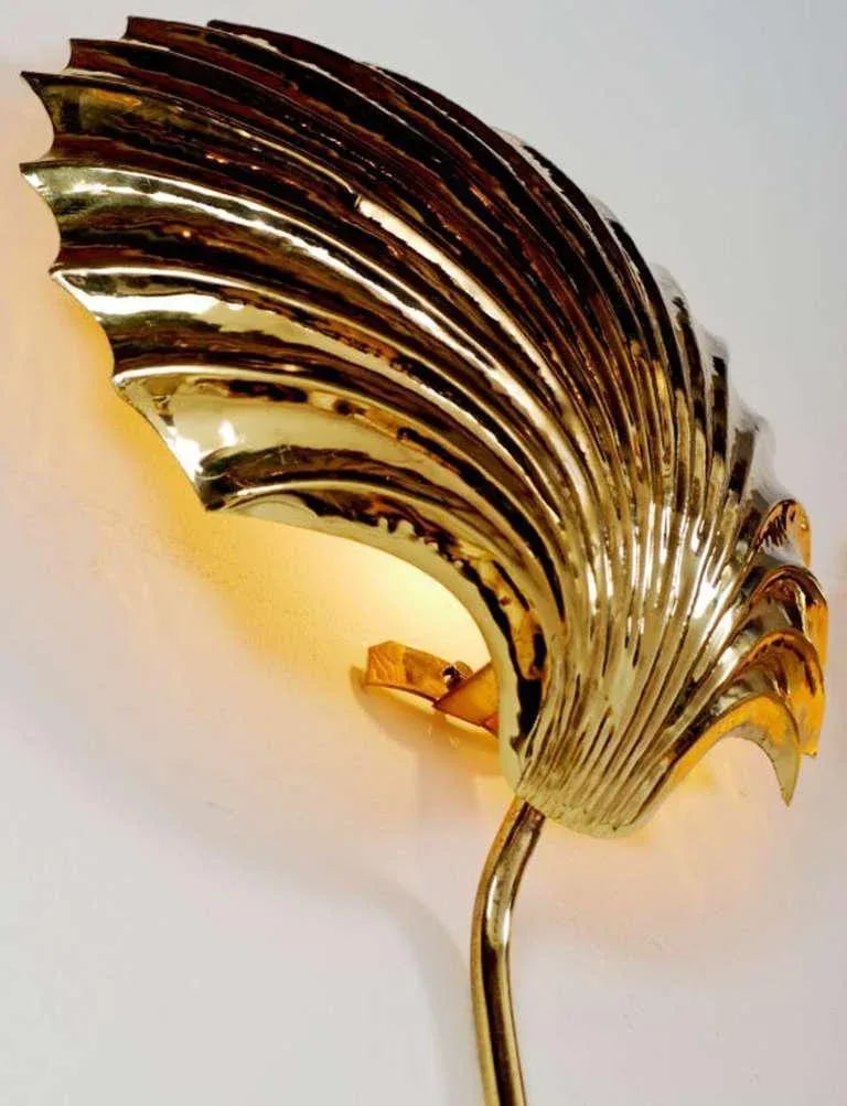 Cast and Hammered Brass Shell Sconces With Cord Covers Cicra 1970s - 5