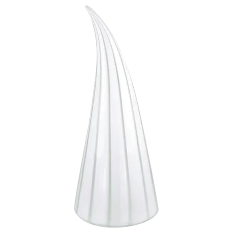 Murano Glass White & Clear Striped Art Glass Lamp: Hand blown art glass cone table lamp with thick white stripes and alternating thin clear stripes. Internal socket and white lamp cord with on/off switch. Conical glass with curved tip. Open bottom