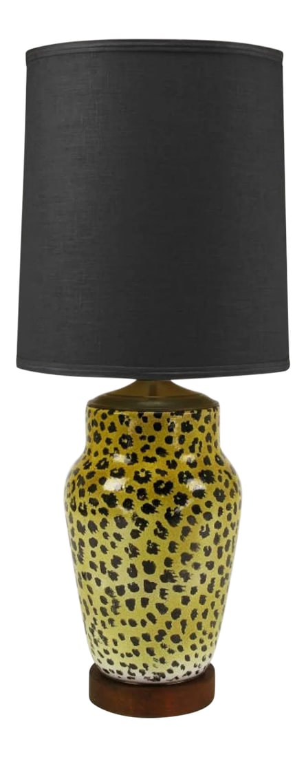 Large Italian Ceramic Leopard Glazed Table Lamp: Large ginger jar shaped ceramic table lamp in leopard pattern hand glazing. Walnut wood base and patinated brass cap with original milk glass diffuser and triple socket illumination. Sold sans shade.