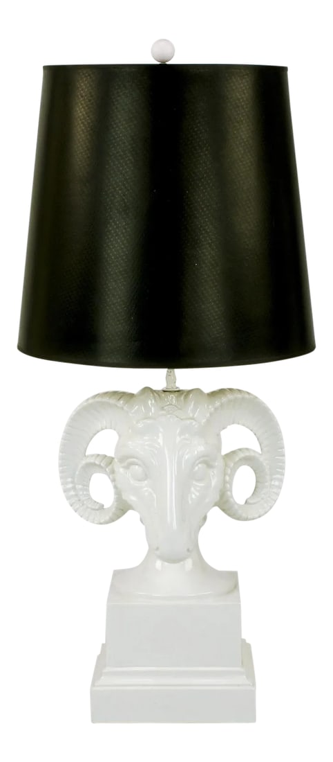 Chapman White Ceramic Ram's Head Table Lamp: Detailed ram's head table lamp constructed of white glazed ceramic pottery. Originally sold through Chapman Manufacturing Co. Chicago IL. Sold sans shade. Rewired. Condition: Alterations: Original