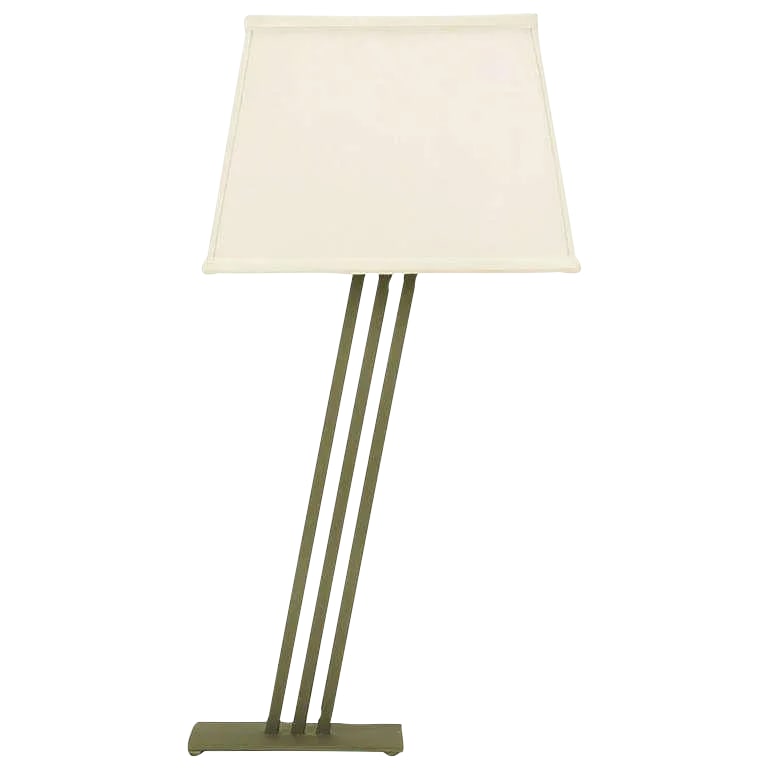 Postmodern Memphis-Style Angled Metal Table Lamp: Well made and designed post modern table lamp. Three angled iron bars fixed to iron plate base. Powder coated grey metal finish. Double socket illumination. Sold sans shade. Condition: Alterations: