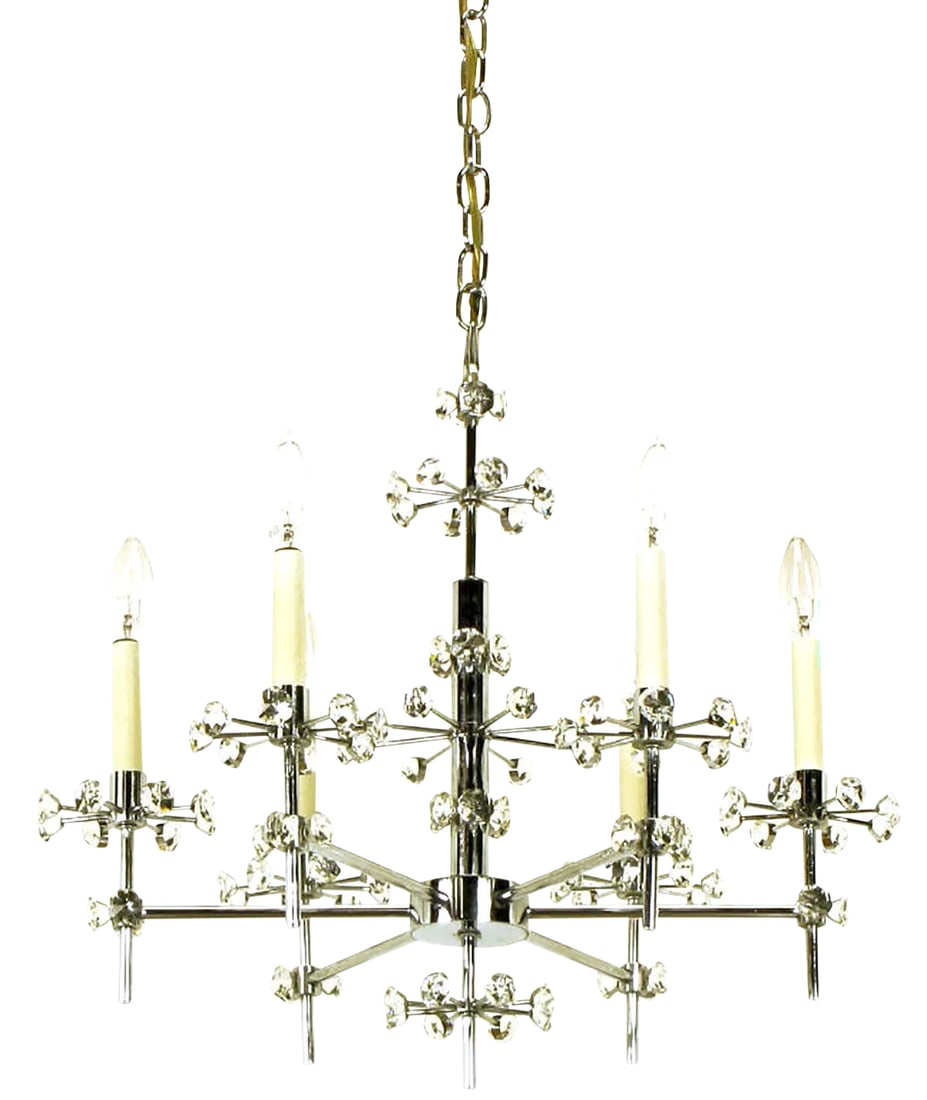 1960s Six-Arm Crystal Snowflake Chrome Chandelier After Gaetano Sciolari. (1 of 7)