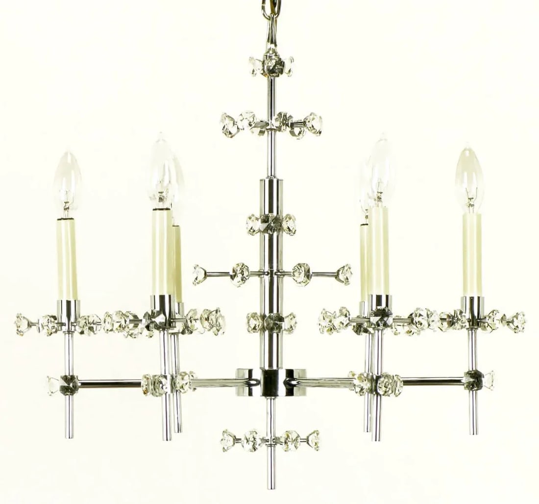 1960s Six-Arm Crystal Snowflake Chrome Chandelier After Gaetano Sciolari. - 2