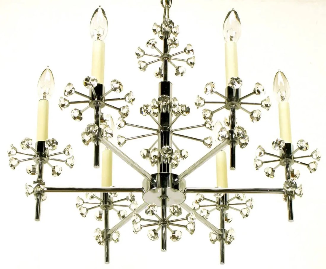 1960s Six-Arm Crystal Snowflake Chrome Chandelier After Gaetano Sciolari. - 3
