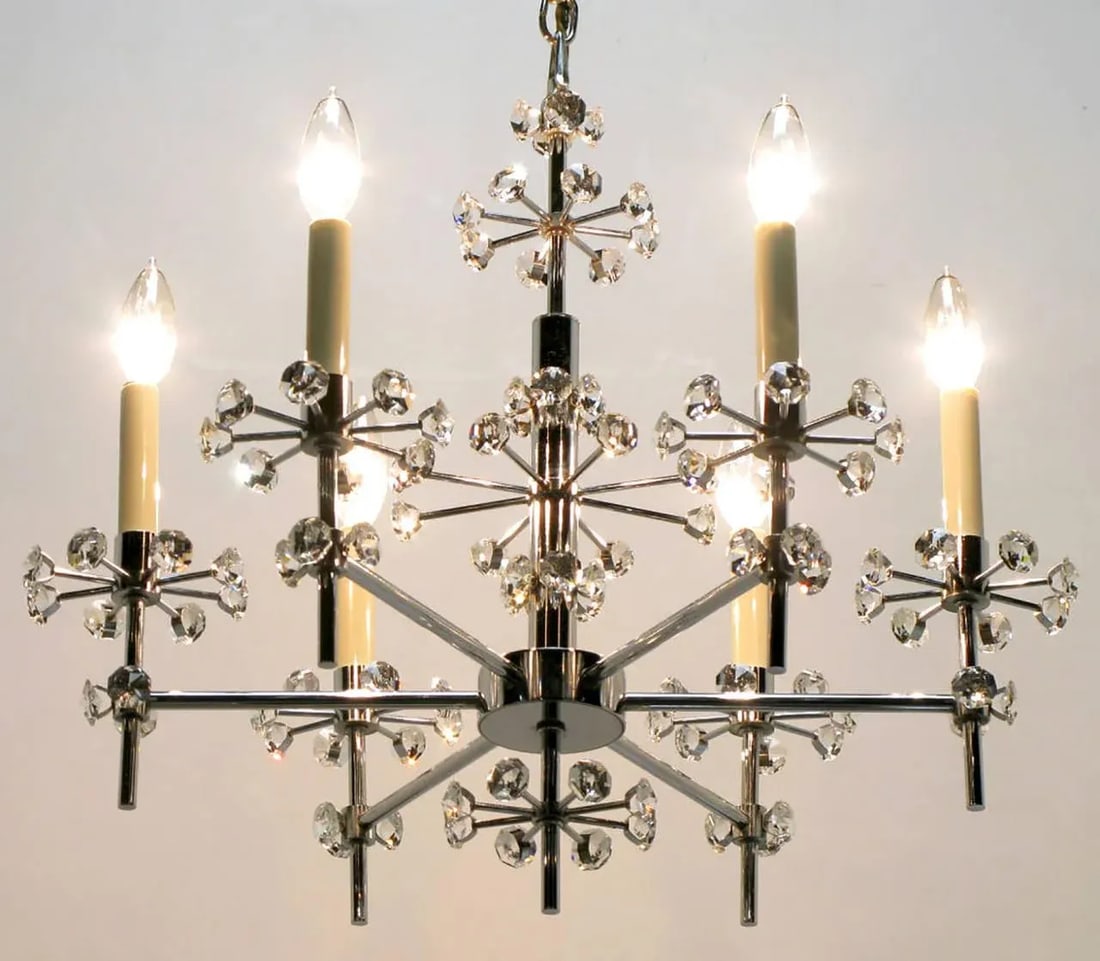 1960s Six-Arm Crystal Snowflake Chrome Chandelier After Gaetano Sciolari. - 4