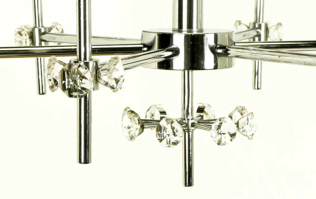 1960s Six-Arm Crystal Snowflake Chrome Chandelier After Gaetano Sciolari. - 7