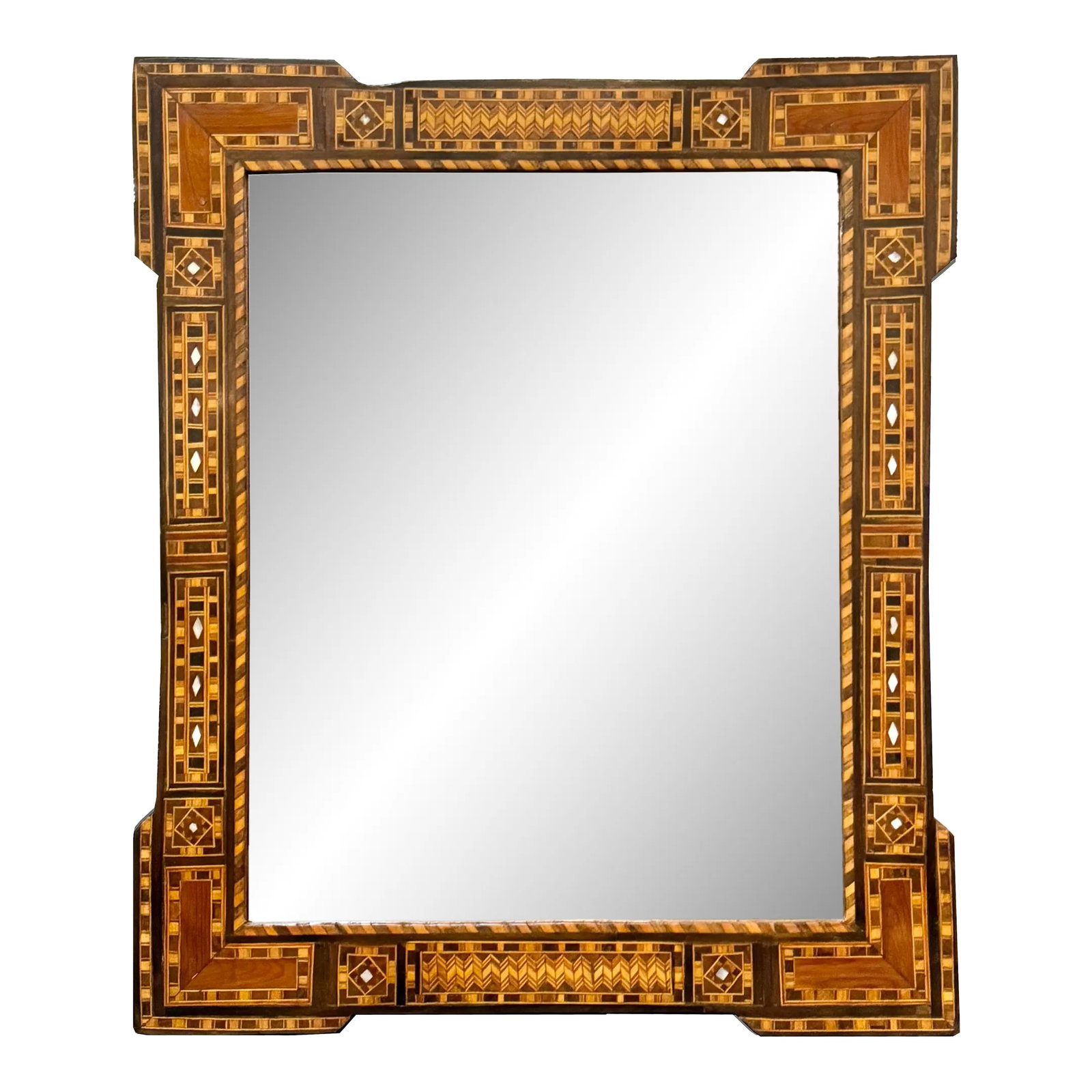 Antique Mosaic Wood Inlaid With Mother of Pearl Middle Eastern Mirror: Outstanding craftsmanship of marquetry wood inlaid. Beautiful geometric pattern of combination of natural wood (walnut, rose, lemon and olive wood) with touch of mother of pearl. The frame made