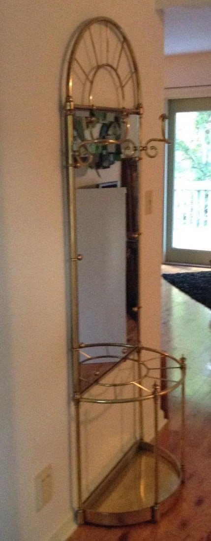 Vintage Solid Brass Hall Tree with Mirror and Umbrella Cane Stand - 4