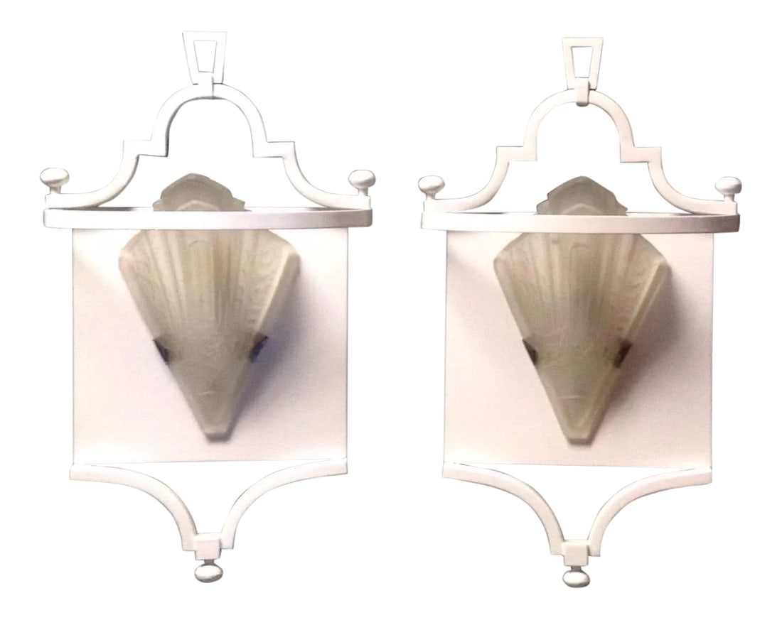 Vintage Fine Art Lamps Portobello Road Collection White Sconces Wall Mounts 70s - a Pair: Two wall sconces by Fine Art Lamps Miami Lakes Fl from their Portobello Road Collection. White lacquer finish on metal. Frosted glass shades in a Art Deco form. Takes 1 candelabra base light bulb. We