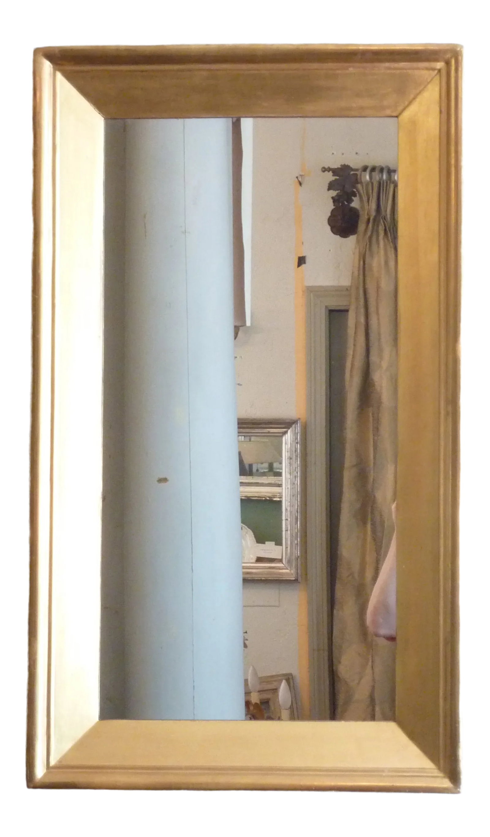Antique Wide Molding Giltwood Mirror: Antique giltwood mirror with matte finish gilding, 3.5"wide molding, distressed mirror with clouding and speckling, 34.5"H x 20"W. Condition: Alterations: Unknown Imperfections: Some Imperfections