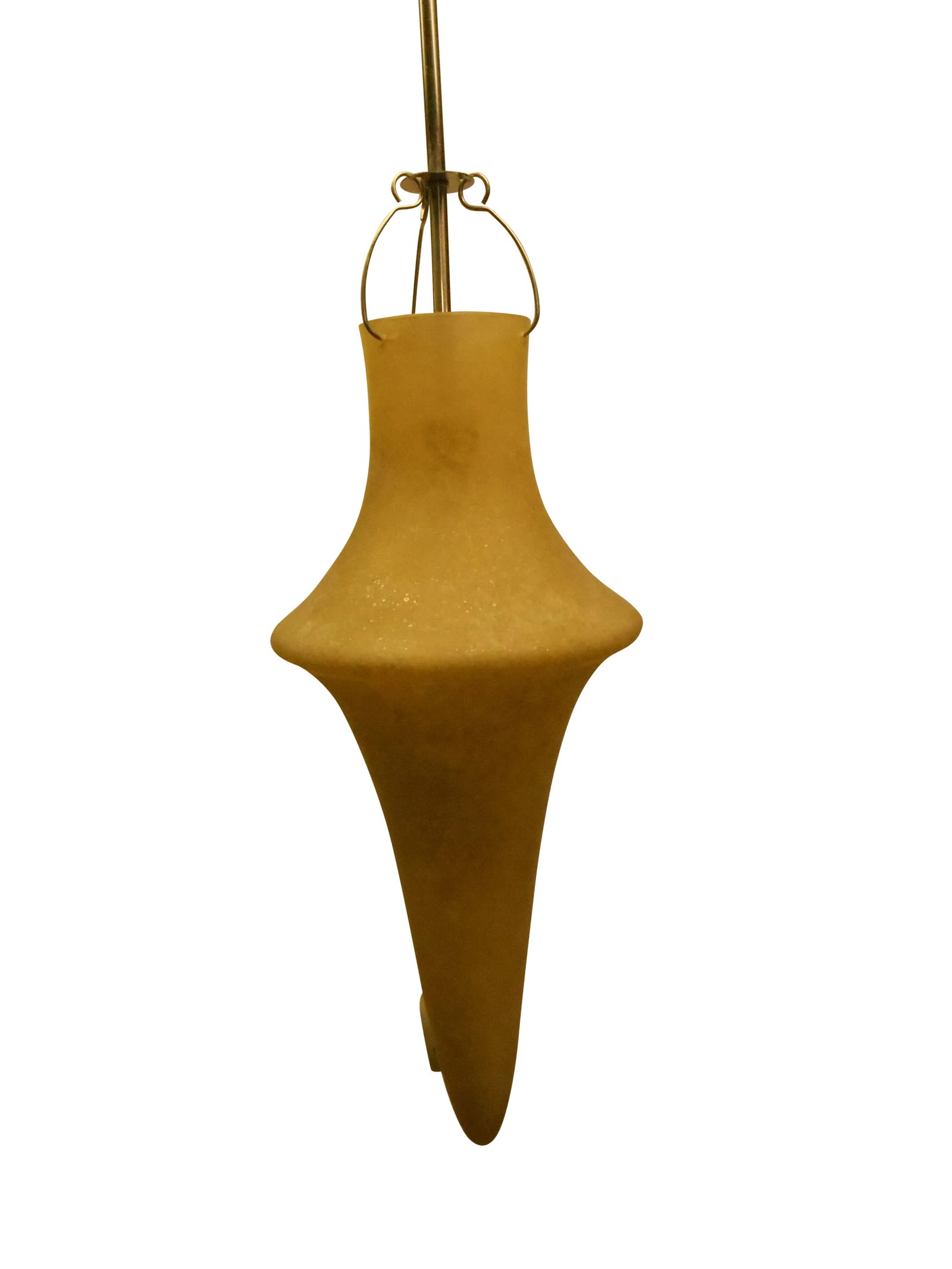 Mid-Century Modern Handblown Glass Chandelier: Mid-Century Modern Hand blown single drop designer light. This gorgeous light drops 54 inches on a satin nickel finish rod and a hand blown glass globe 27 inches tall by 10 inches wide. Condition:
