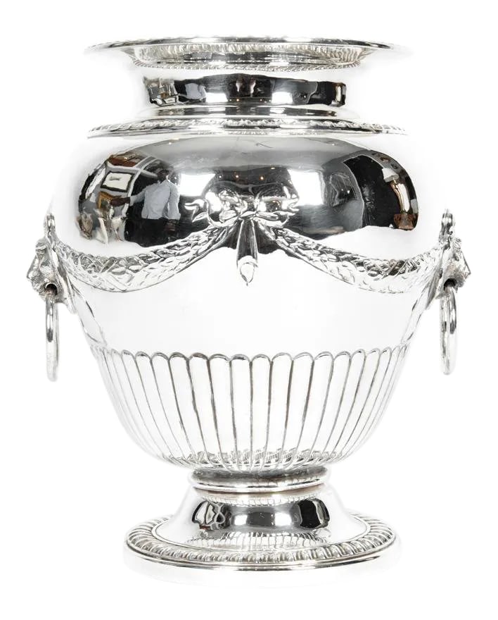 Old Sheffield Silver Plate Decorative Vase: Old Sheffield silver plate / copper decorative vase / display piece. The vase / piece is in excellent condition, maker's mark undersigned. The vase measure about 10 inches diameter x 9.7 inches high.