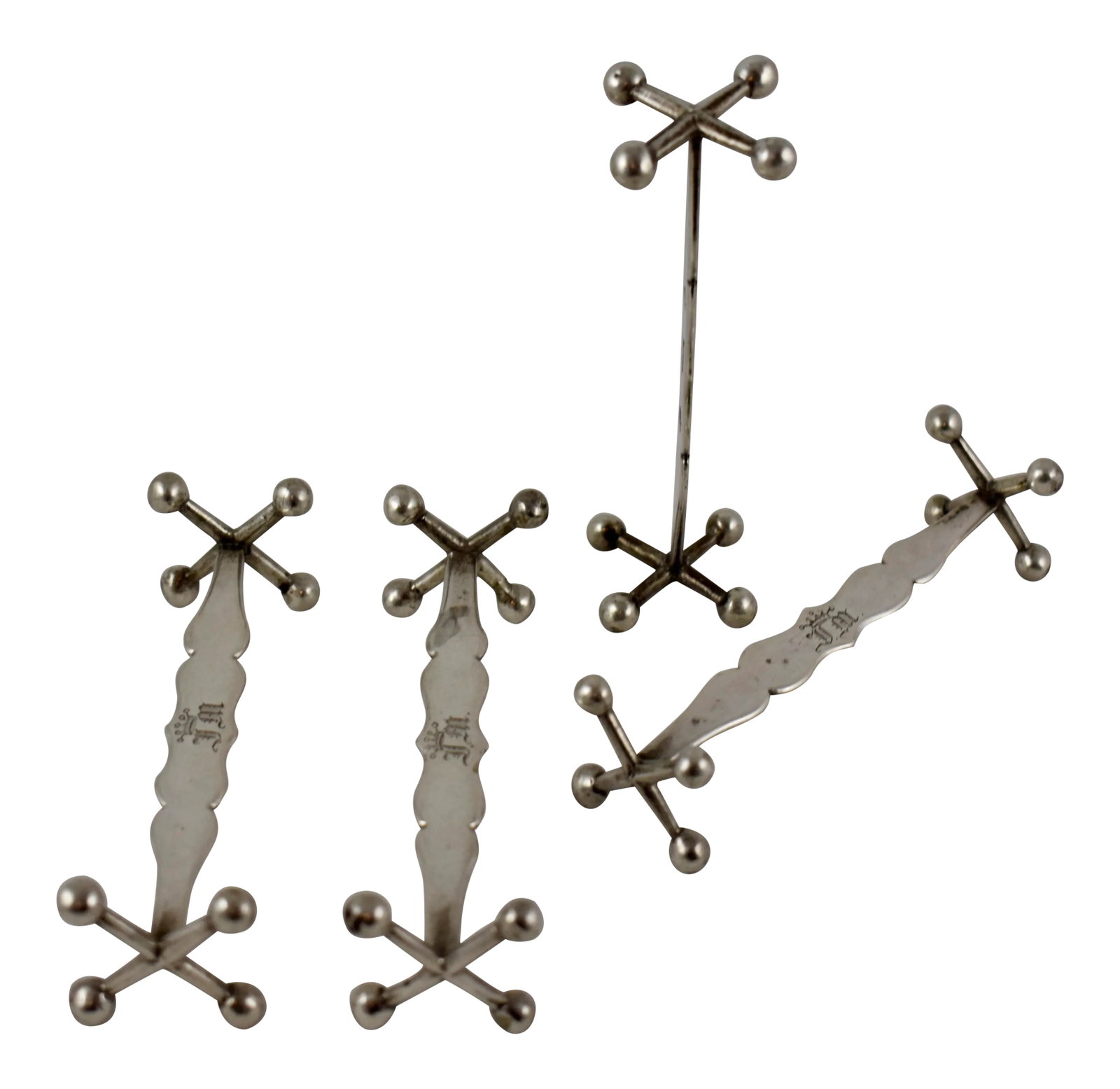 Continental European Sterling Silver Jack End Knife Rests, S/4: A Set Of Four Sterling Silver Knife Rests, With Traditional Cast Jack-Style Ends, Circa Mid 19Th Century, Showing Unidentified Continental European Makers Marks. The Long, Tapered And Shaped Center