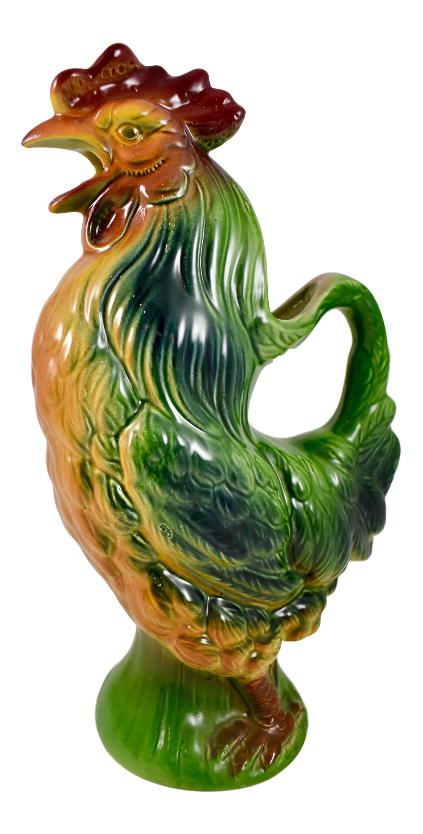 St. Clement Vintage French Majolica Gallic Rooster Water Pitcher: A French majolica glazed water pitcher formed as a rooster, Clement, circa 1940 -1950. The Gallic rooster, in French: le coq gaulois, is an unofficial national symbol of France. This earthenware