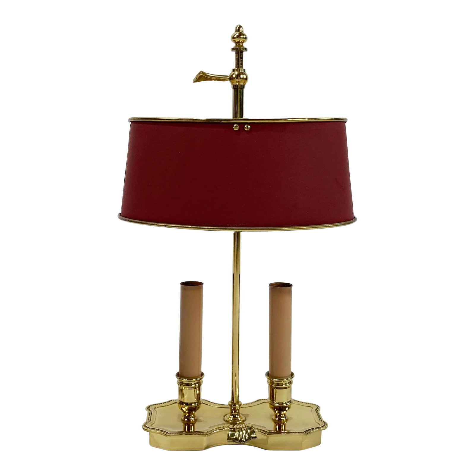 Vintage French Style Brass Bouillotte Table Lamp W Metal Tole Shade: Vintage French style brass and tole Bouillotte candlestick lamp. Lovely design details to brass frame. Shade features matte deep red outer shell with shiny brass interior, resulting in a lovely glow