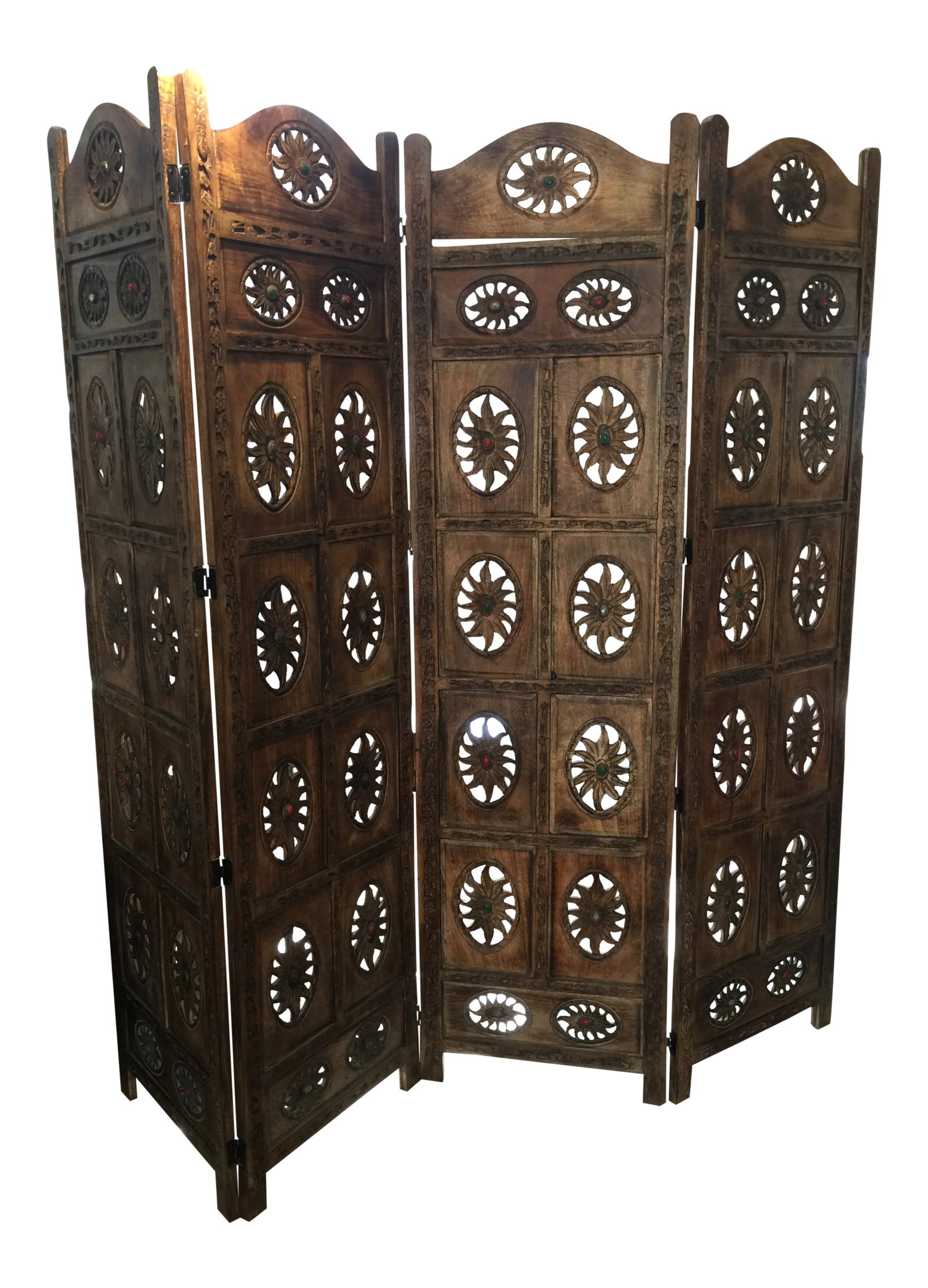 Vintage Moroccan Style Teak Four Panel Folding Screen: A very handsome 4 panel screen. I believe it to be hand carved. The screen is adorned with semi-precious stones. The screen has an Asian/Moroccan influence. Each pane is 20 inches wide. The hinges