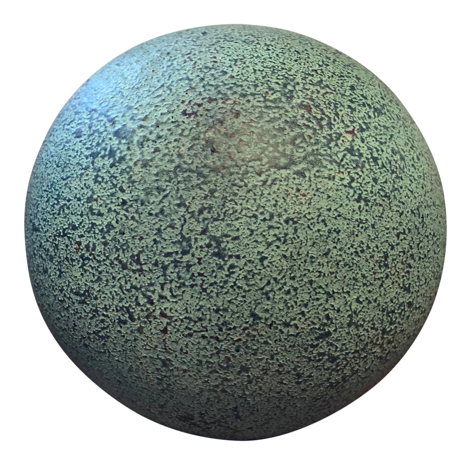 Pottery Sphere by Jaru: Unusual 1980's textured verdigris pottery sphere by Jaru. Original label underneath. Condition: Alterations: Original Condition Unaltered Imperfections: Some Imperfections Condition Notes: Light wear