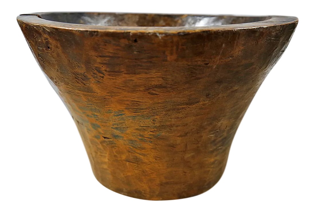 Vintage Wooden Bowl Carved Out of a Tree Trunk: Late 20th century primitive, one of a kind hand made, wooden, rustic bowl. This is a a solid piece carved out of a tree trunk. Nice example of Folk Art. Condition: Alterations: Original Design