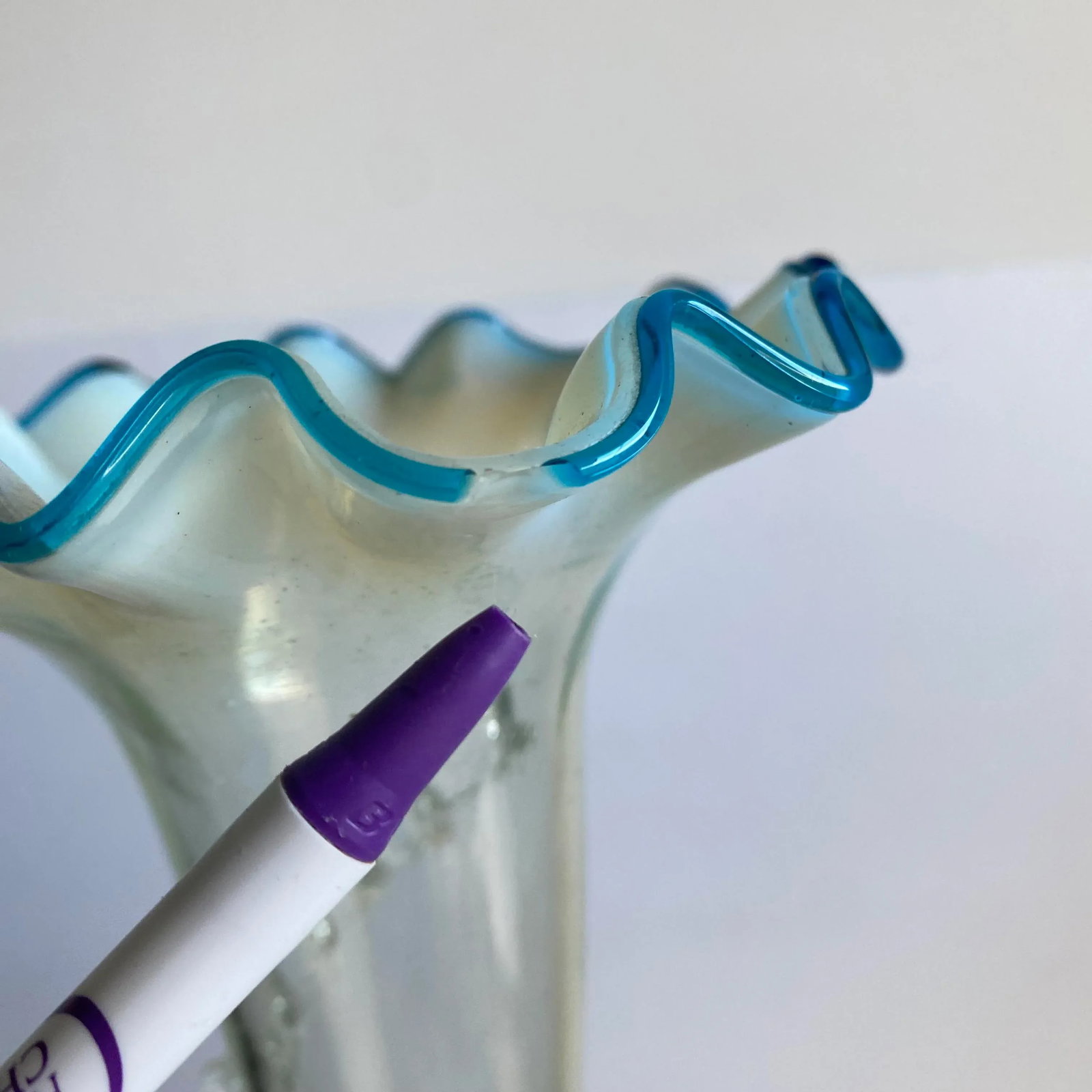 Victorian Epergne Blue Vaseline Glass Antique Ruffle Art Glass Vase - 11