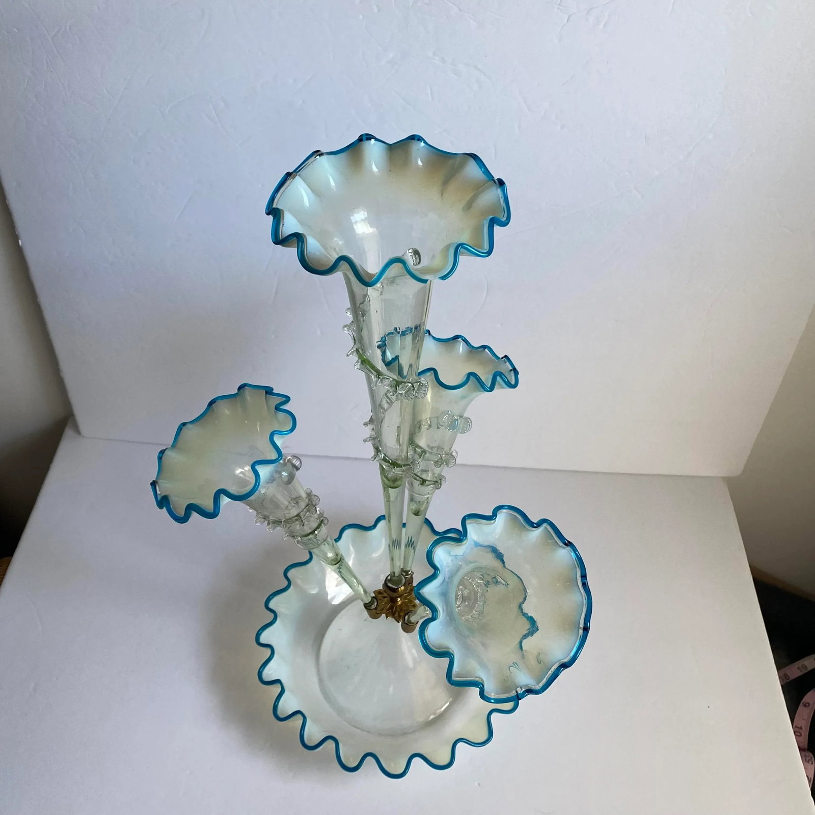 Victorian Epergne Blue Vaseline Glass Antique Ruffle Art Glass Vase - 2