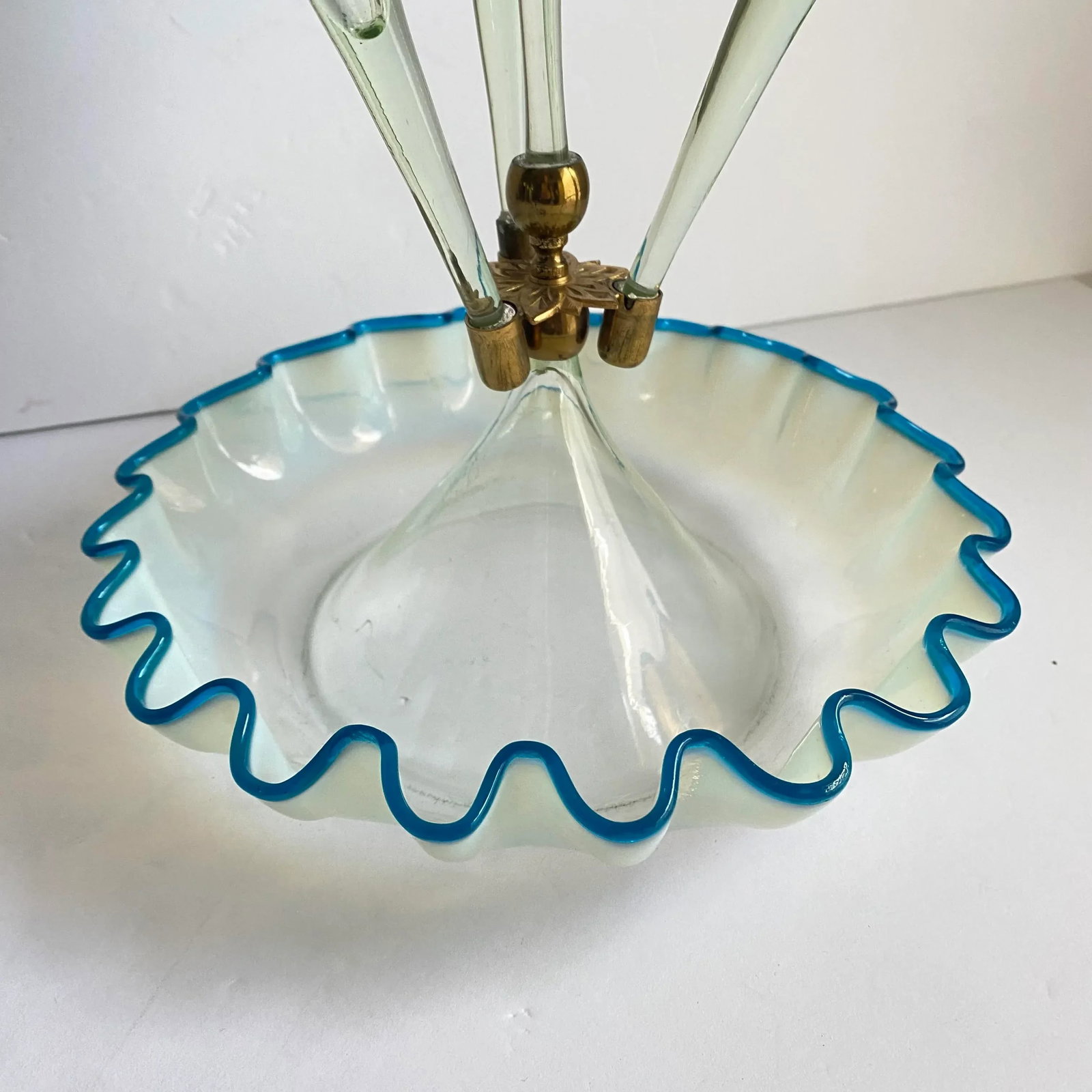 Victorian Epergne Blue Vaseline Glass Antique Ruffle Art Glass Vase - 3