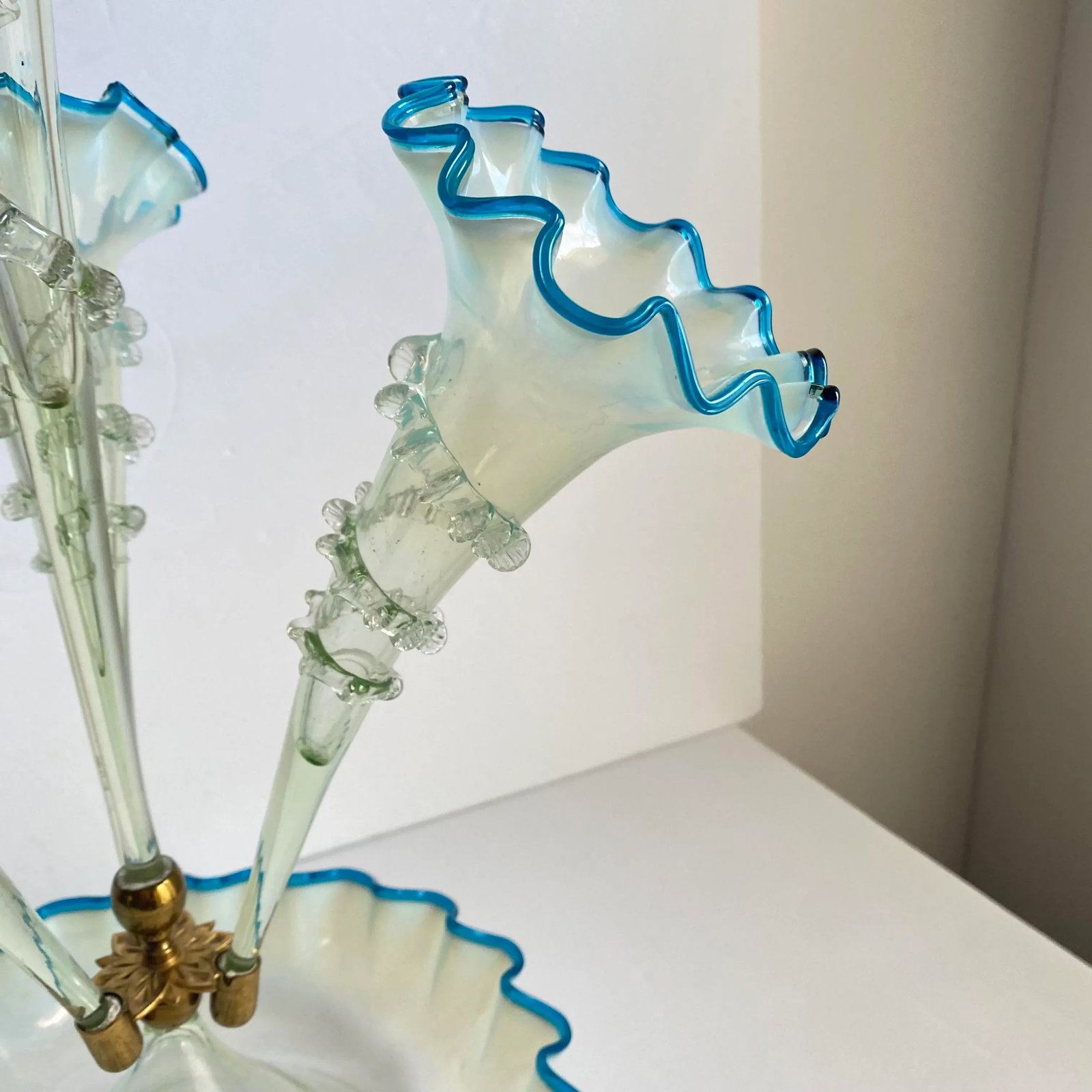 Victorian Epergne Blue Vaseline Glass Antique Ruffle Art Glass Vase - 4