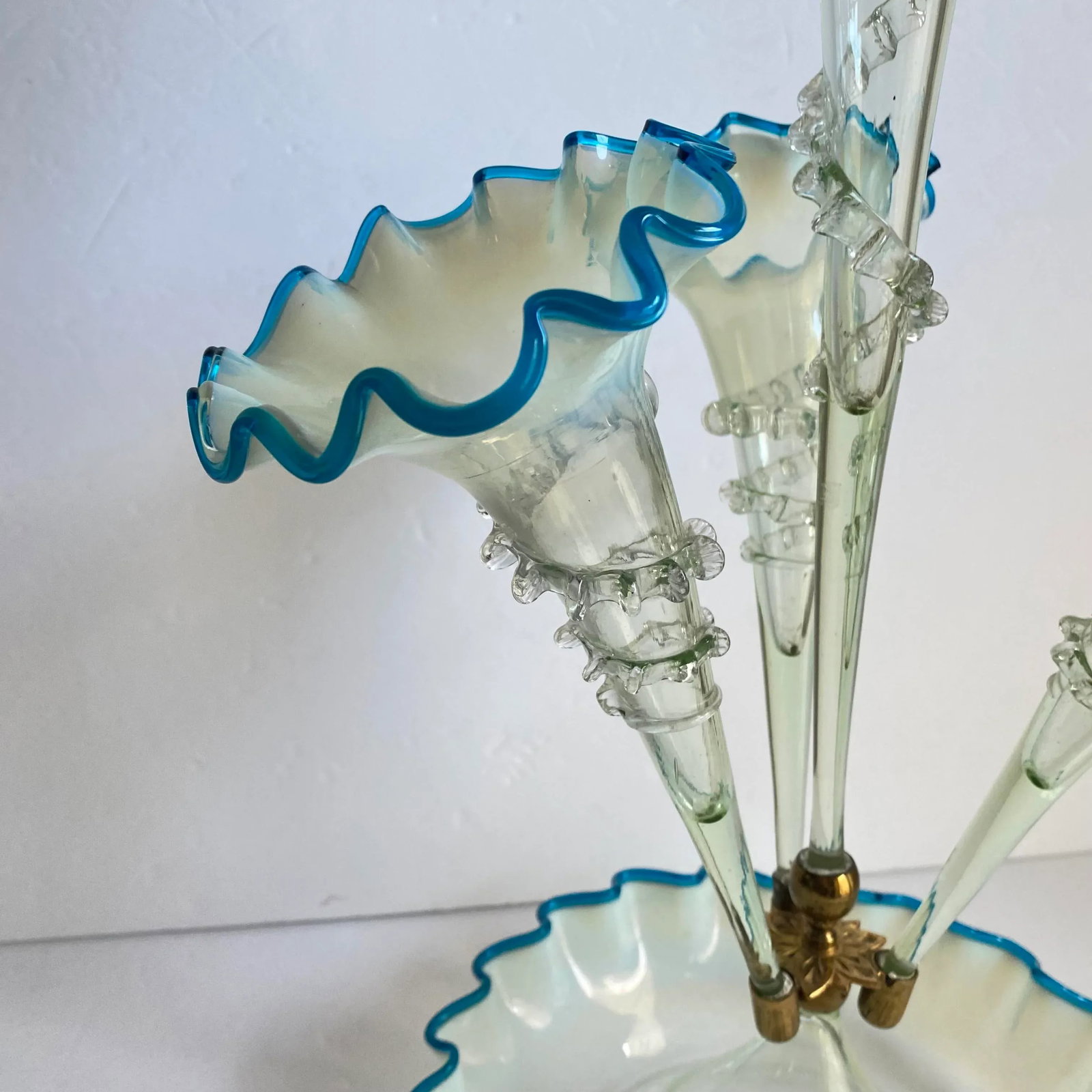 Victorian Epergne Blue Vaseline Glass Antique Ruffle Art Glass Vase - 6