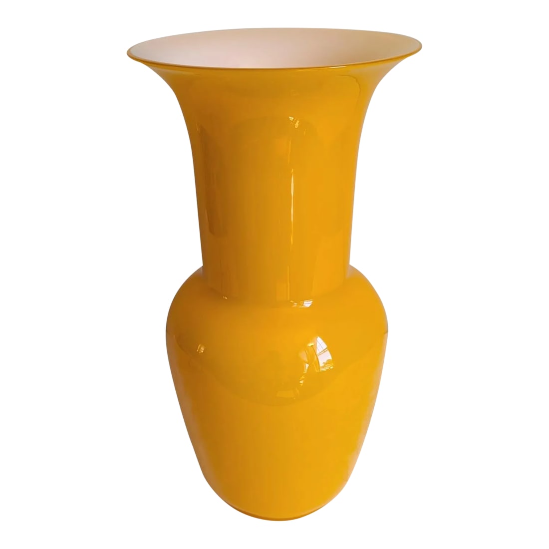 Early 21st Century De Majo Murano Yellow Glass Vase: One of two currently available on Chairish. Stunning early 2000's era large deep yellow Murano vase signed by the de Majo Murano factory. Intense saffron yellow exterior with a delicate white