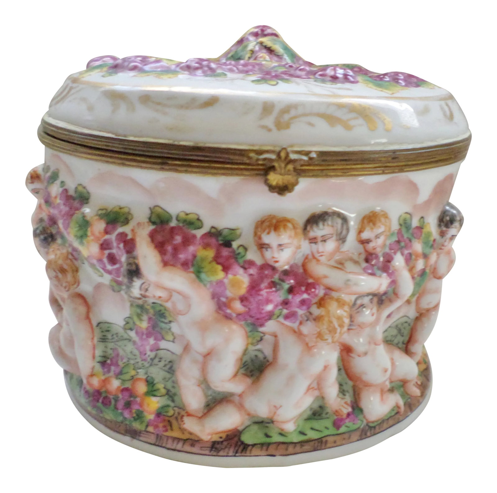 Early 19th Century Antique Signed Capodimonte Italian Hinged Box: This is an Antique Rare Early Signed Capodimonte Porcelain Hinged Box with Cherubs and Flowers Playing with Garlands of Fruit and dates between 1771-1834. The Cherubs and Flowers are Blown Out and