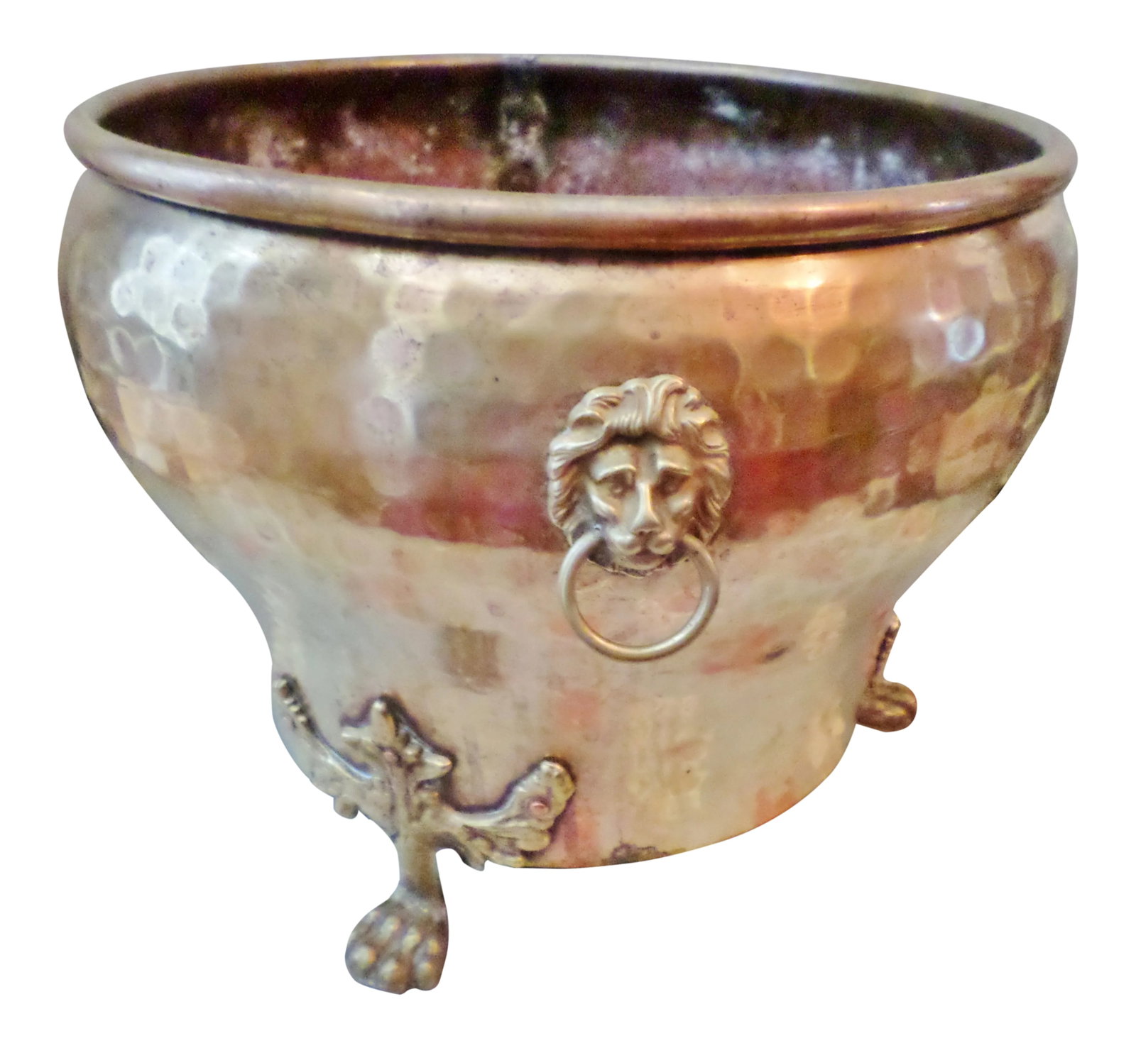 Imperial Russian Brass Hand-Hammered Lion Head Handle Jardiniere: This is a Rare Imperial Russian Hand Hammered Brass Jardiniere with Lion Head Handles that is fully marked with the Russian Imperial Seal and the Russian City Mackba . The Jardiniere is a Large 9.75"