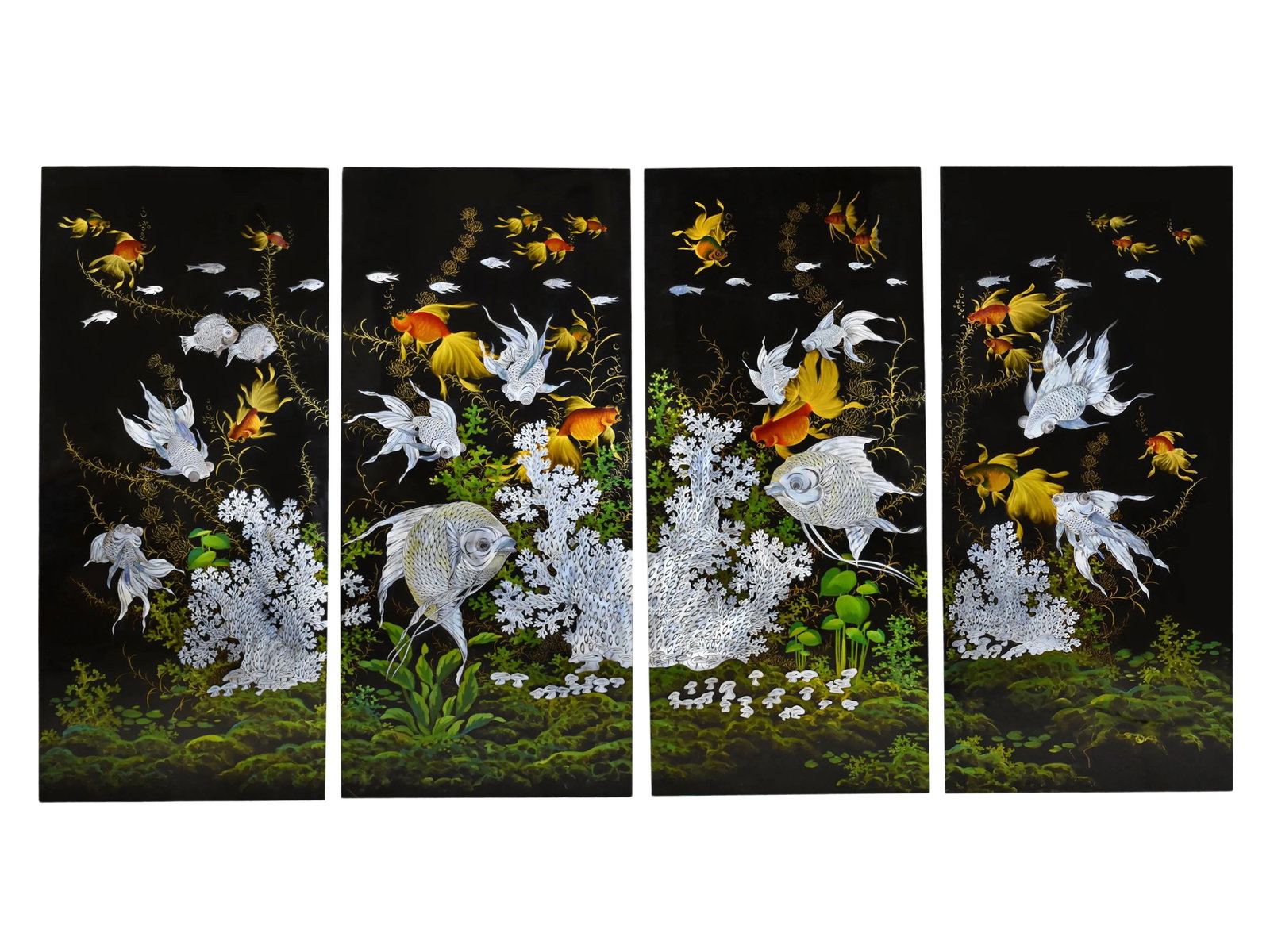 Vintage Mid-Century Black Lacquer Hand-Painted Mother of Pearl Inlay Koi Fish Wall Plaques - Set of: Unique Black Lacquer Hand Painted Mother of Pearl Inlay Fish Wall Hanging Plaques-Set of 4 Item Details: Large hand painted and inlaid mother of pearl from underwater scene Koi fish, Maki-e Goldfish,