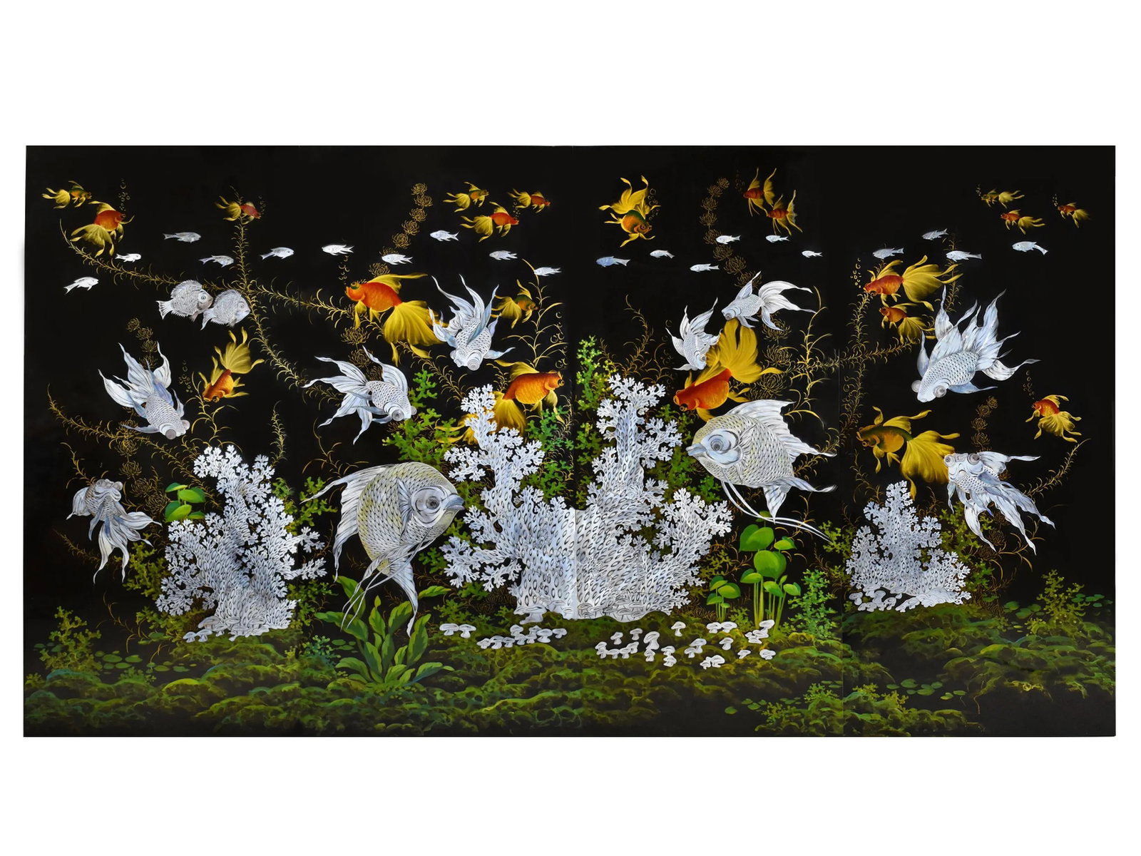 Vintage Mid-Century Black Lacquer Hand-Painted Mother of Pearl Inlay Koi Fish Wall Plaques - Set of - 2