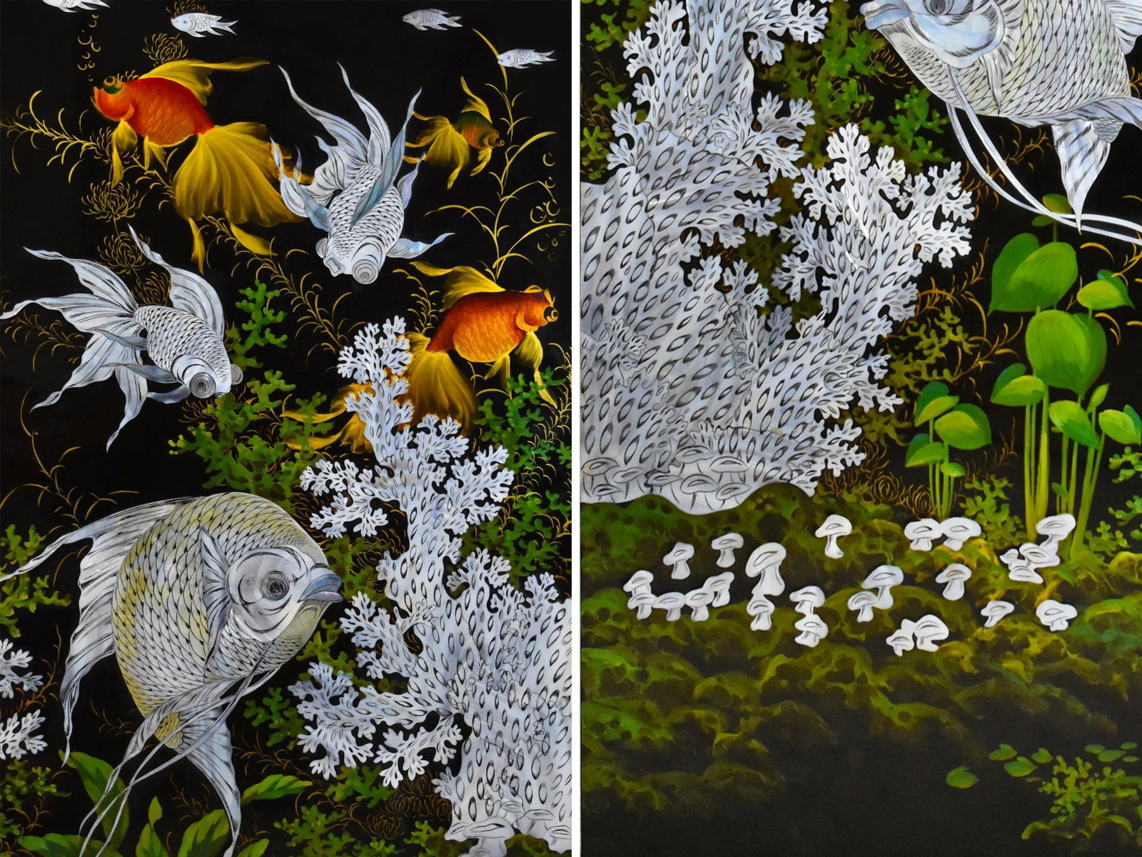 Vintage Mid-Century Black Lacquer Hand-Painted Mother of Pearl Inlay Koi Fish Wall Plaques - Set of - 3