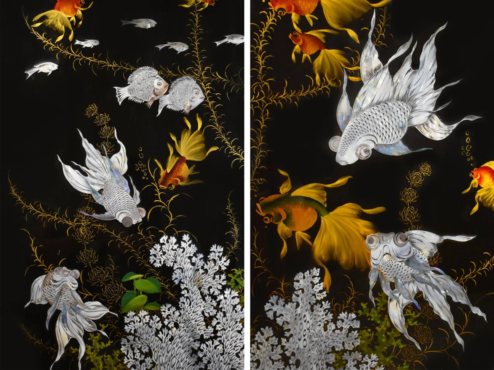 Vintage Mid-Century Black Lacquer Hand-Painted Mother of Pearl Inlay Koi Fish Wall Plaques - Set of - 4