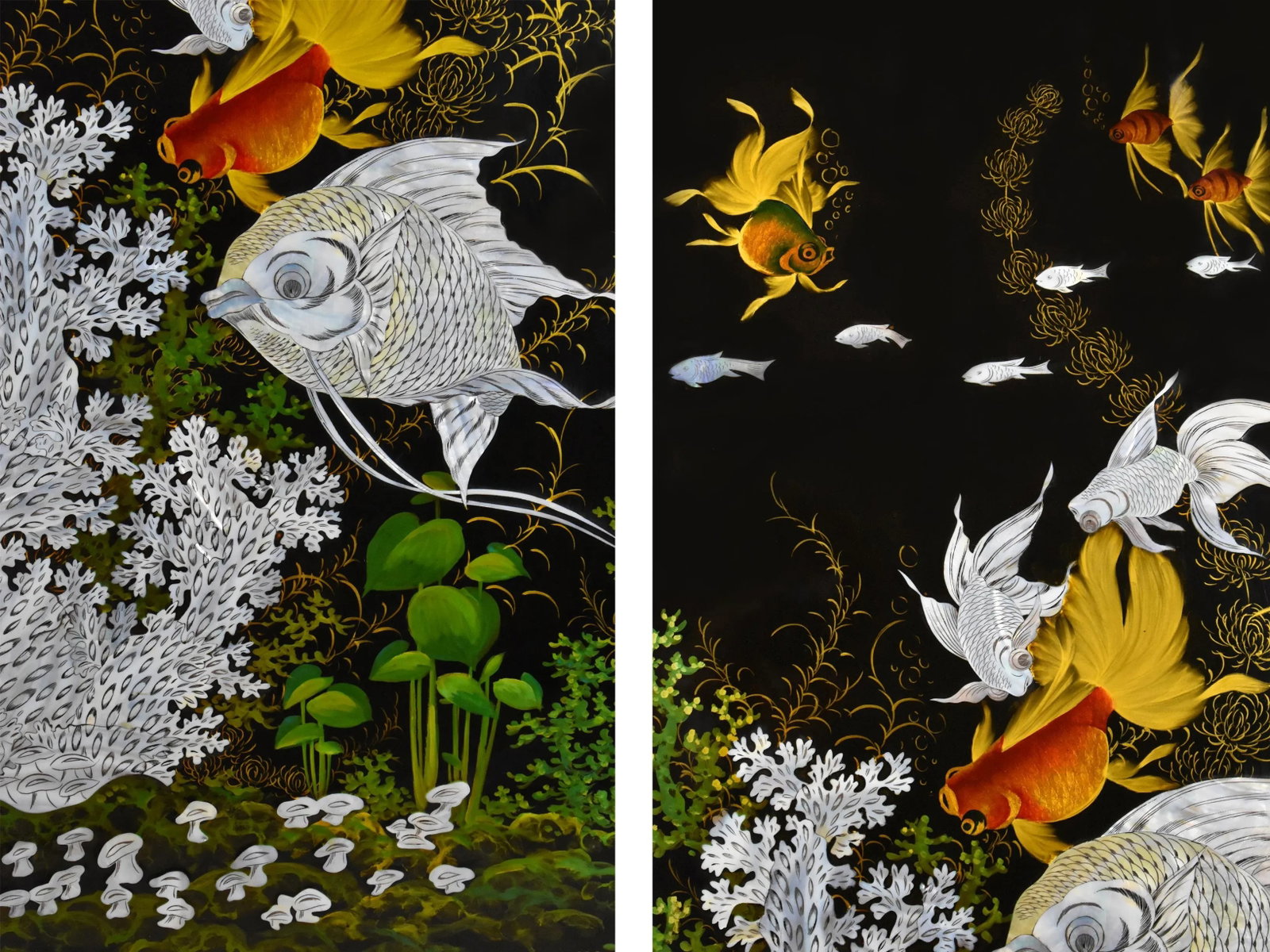 Vintage Mid-Century Black Lacquer Hand-Painted Mother of Pearl Inlay Koi Fish Wall Plaques - Set of - 5