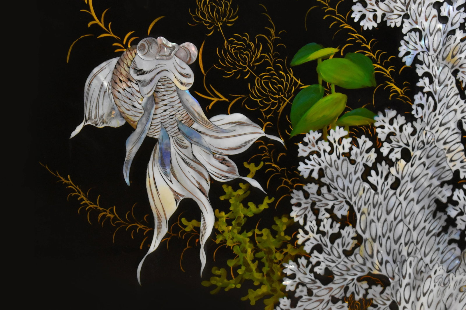 Vintage Mid-Century Black Lacquer Hand-Painted Mother of Pearl Inlay Koi Fish Wall Plaques - Set of - 6