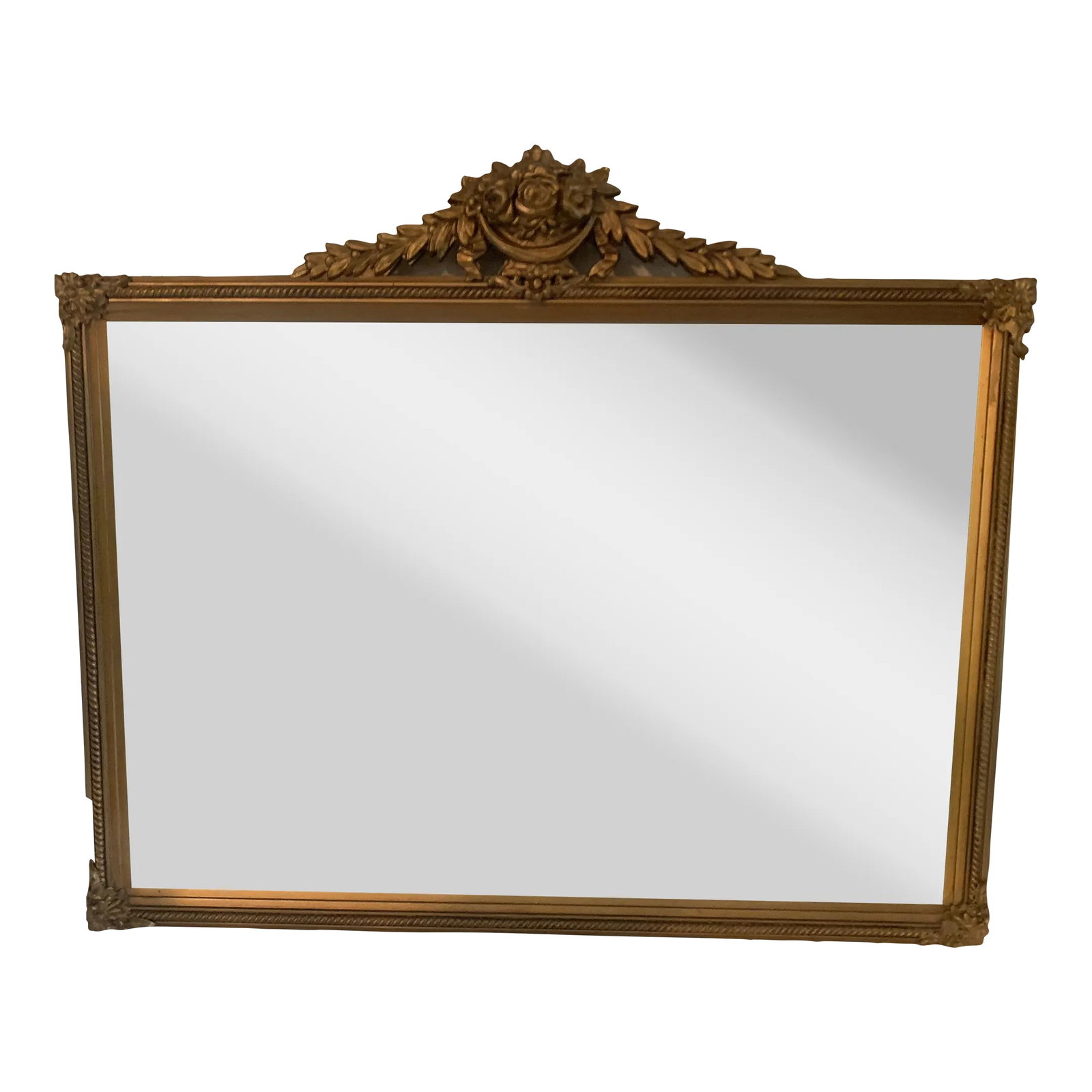 1960s Italian Wall Mirror: 1960s Italian carven wood wall mirror with intricate crown detail and rosette carved corners. Condition: Alterations: Original Condition Unaltered Imperfections: Some Imperfections Condition Notes: