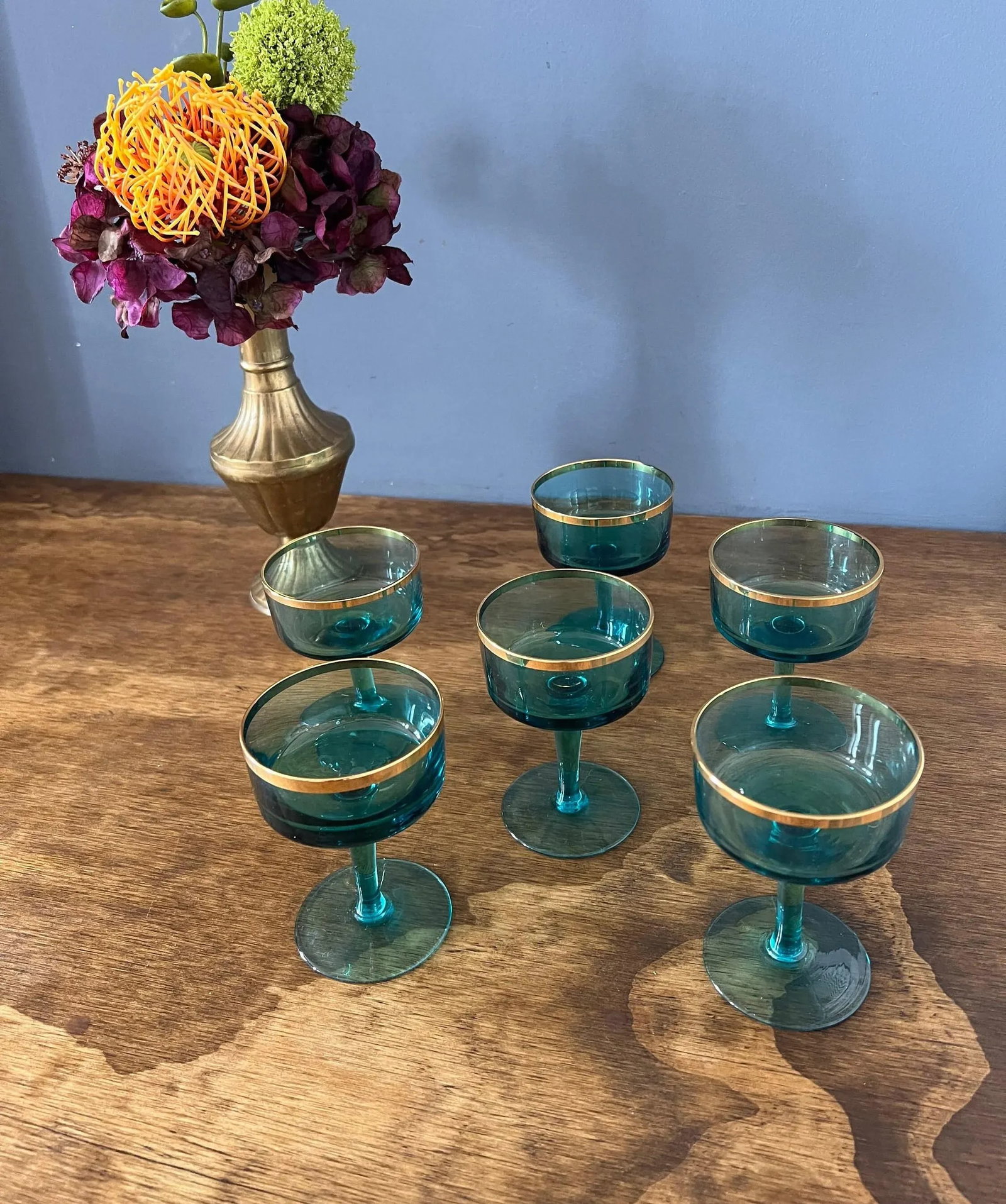 1960s Vintage Aqua Blue & Gold Cocktail Glasses- Set of 6 - 11