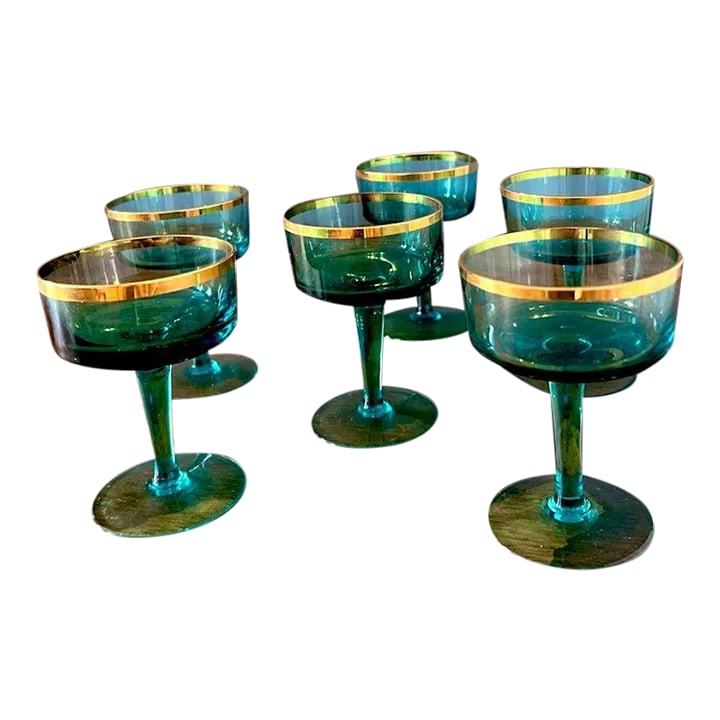 1960s Vintage Aqua Blue & Gold Cocktail Glasses- Set of 6 (1 of 11)