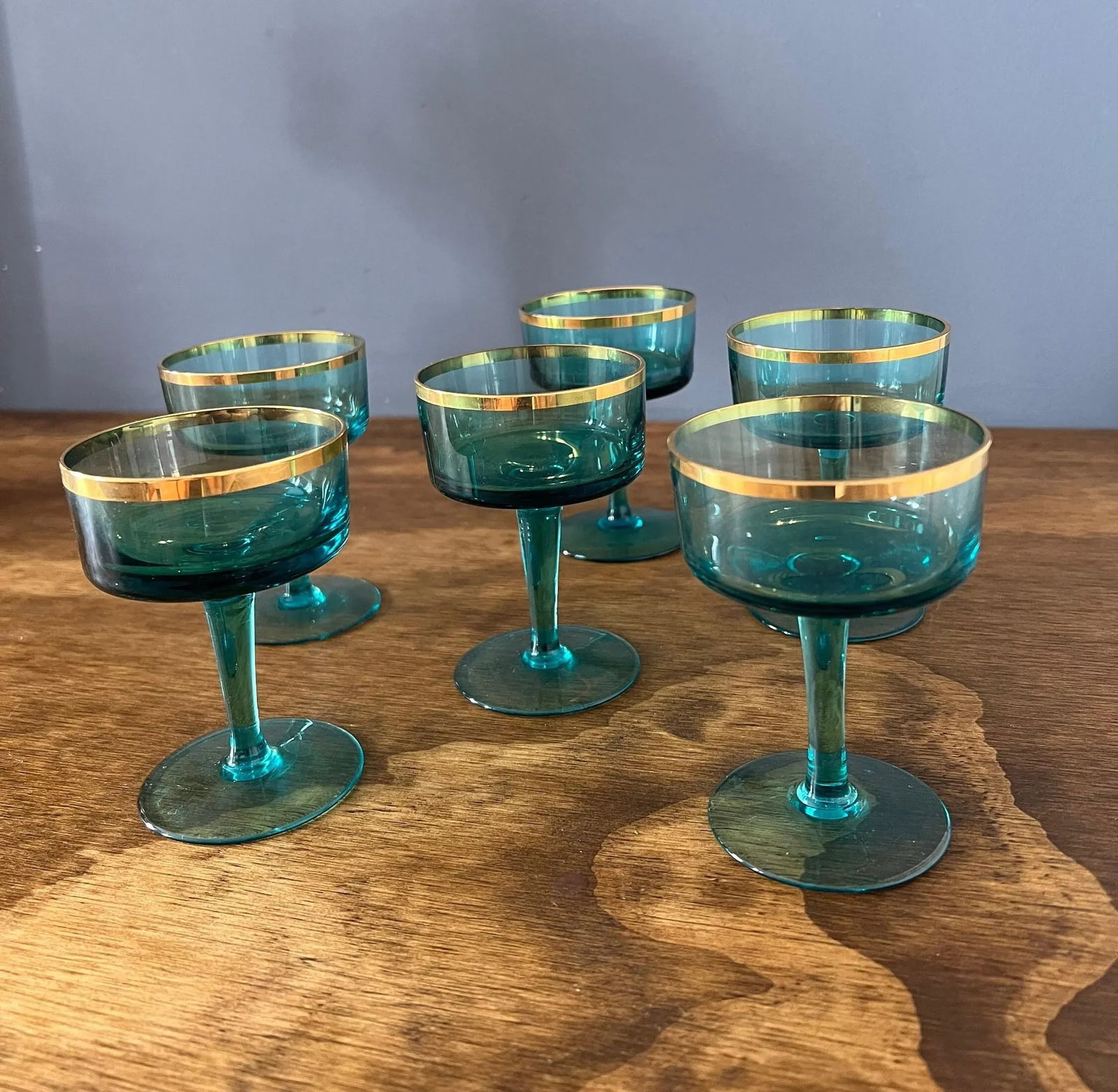 1960s Vintage Aqua Blue & Gold Cocktail Glasses- Set of 6 - 5
