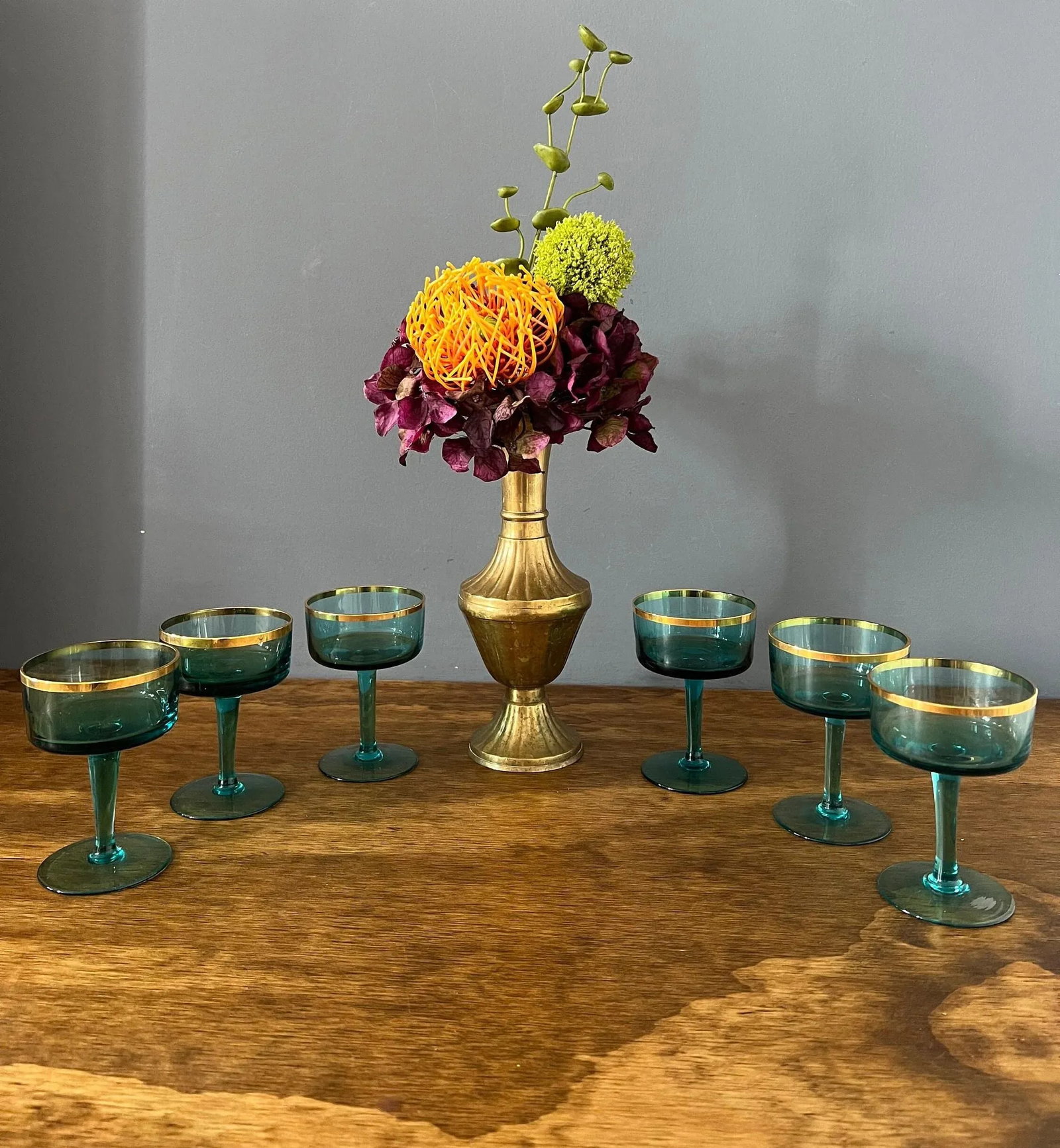 1960s Vintage Aqua Blue & Gold Cocktail Glasses- Set of 6 - 7